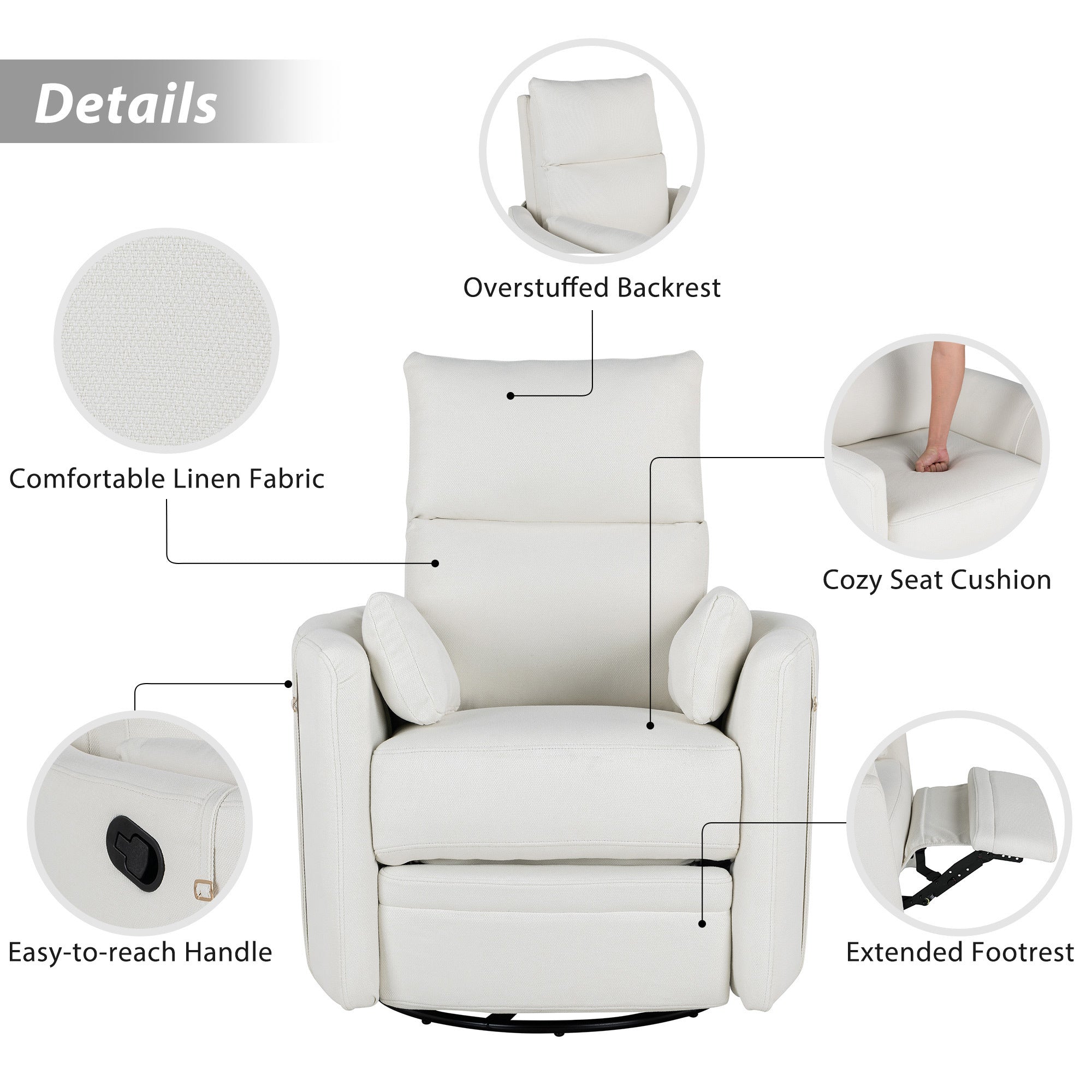 360 Degree Swivel Recliner Theater Recliner Manual Rocker Recliner Chair with Two Removable Pillows for Living Room, Beige