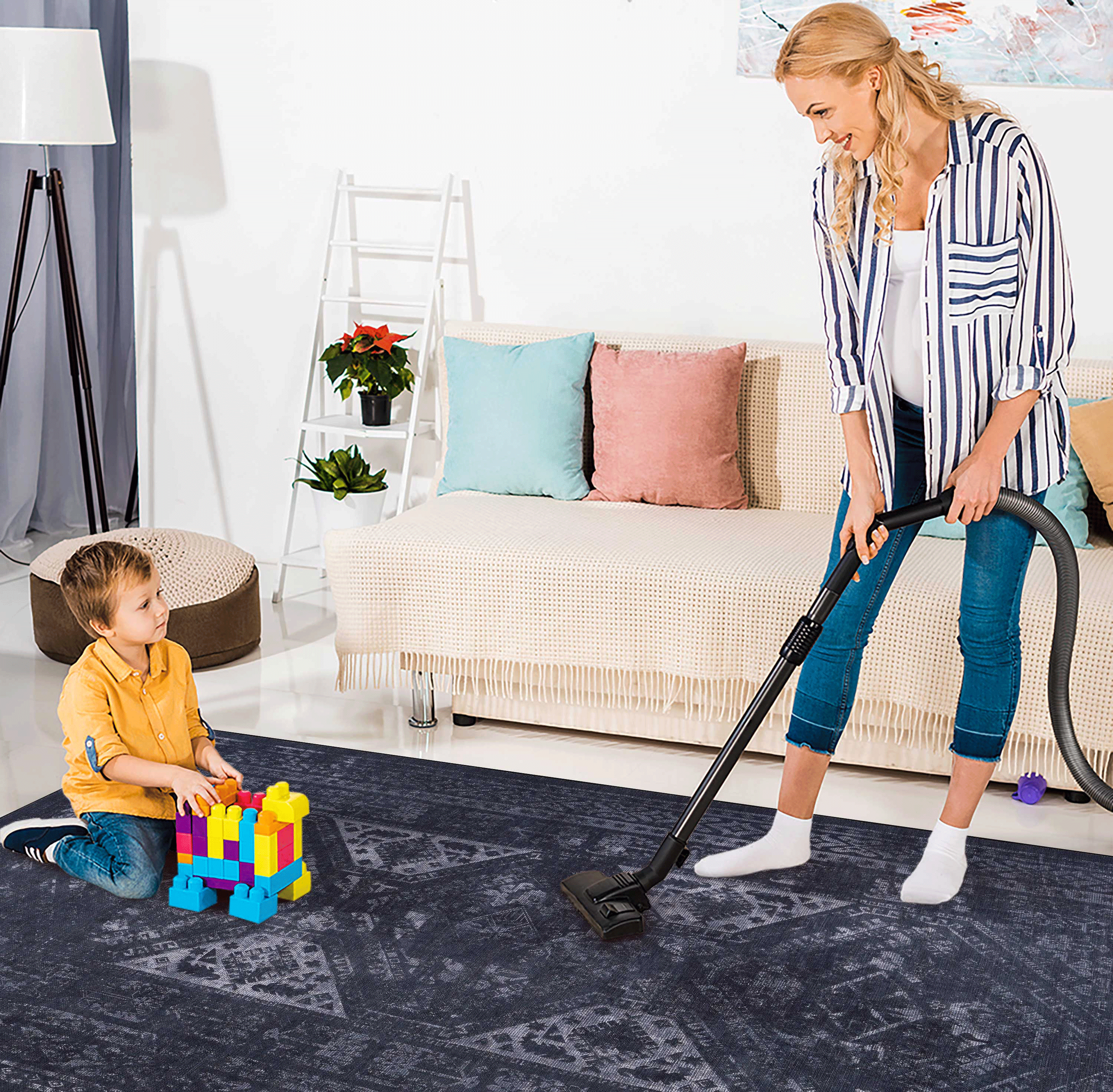 Naar Area Rugs 8x10 for Living Room, Washable Rug, Low-Pile, Non-Slip, Non-Shedding, Foldable, Kid & Pet Friendly - Area Rugs for living room, bedroom, kitchen, dining room, (Black+ Gray, 8' x 10')