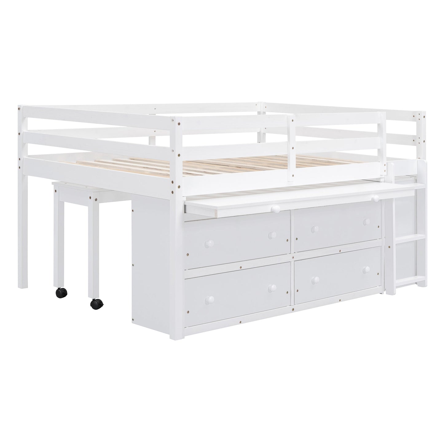 Full Size Loft Bed with Retractable Writing Desk and 4 Drawers, Wooden Loft Bed with Lateral Portable Desk and Shelves, White