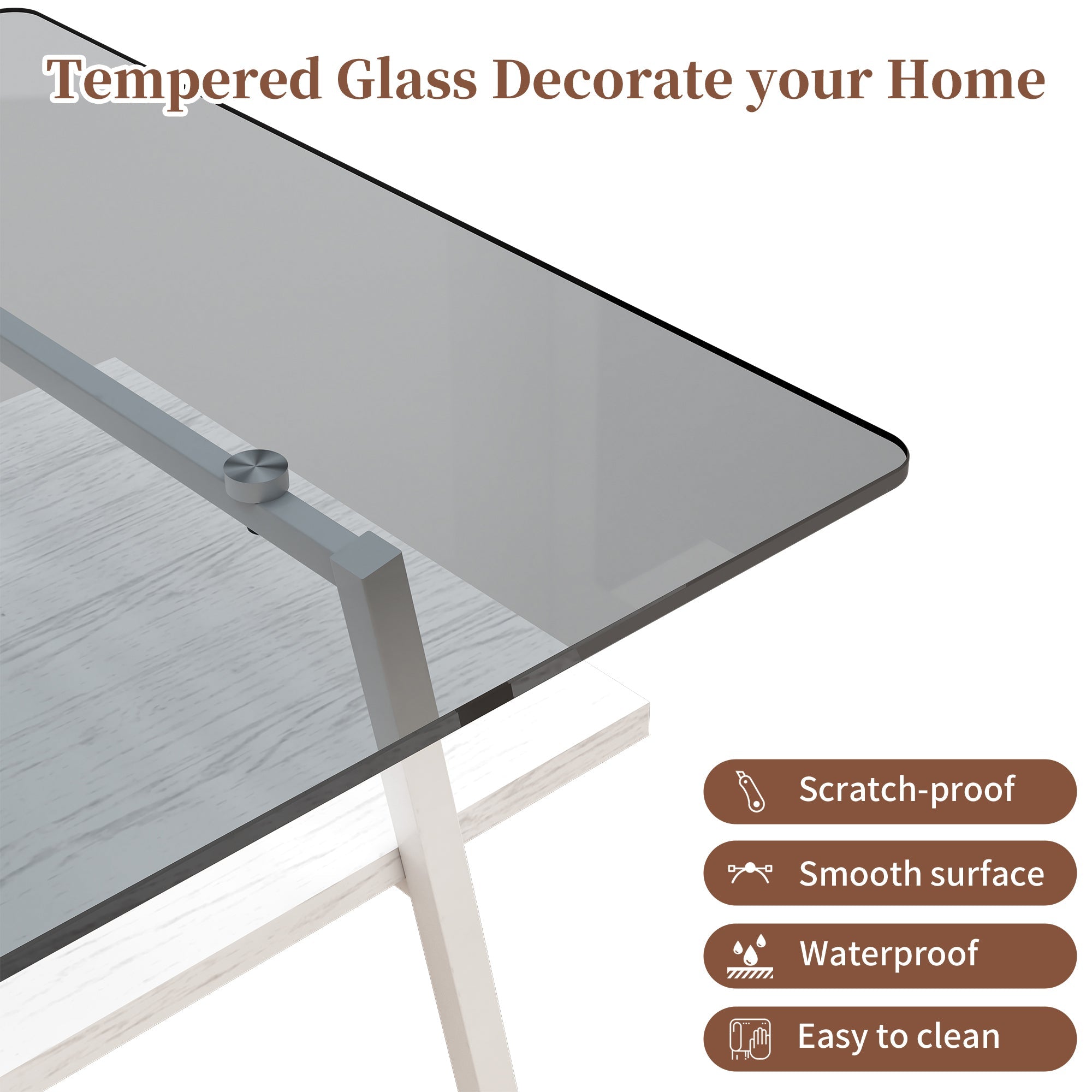 Rectangle Coffee Table, Tempered Glass Tabletop with White Metal Legs, Modern Table for Living Room , Gray Glass