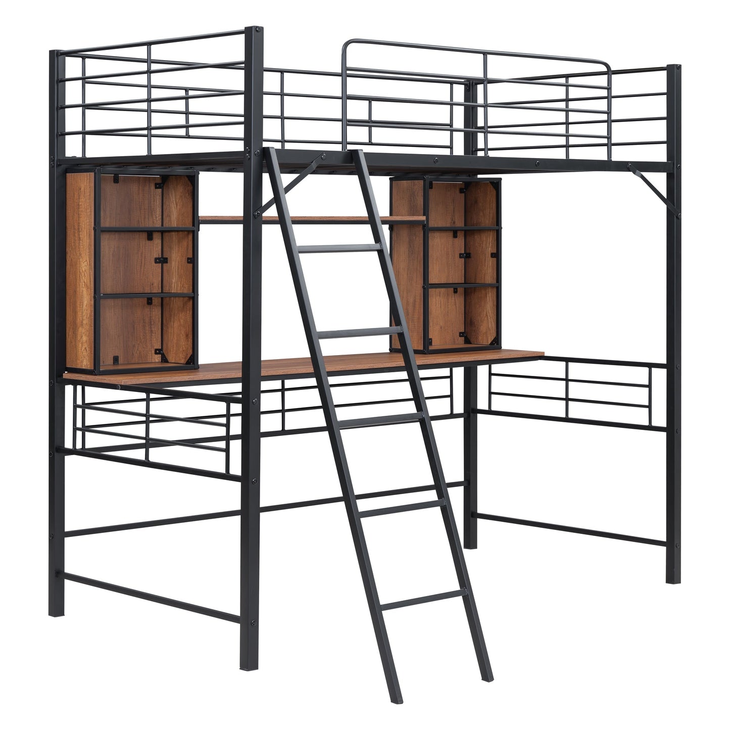 Twin Size Loft Bed with Desk and Shelf , Loft Bed with Ladder,Twin,Black