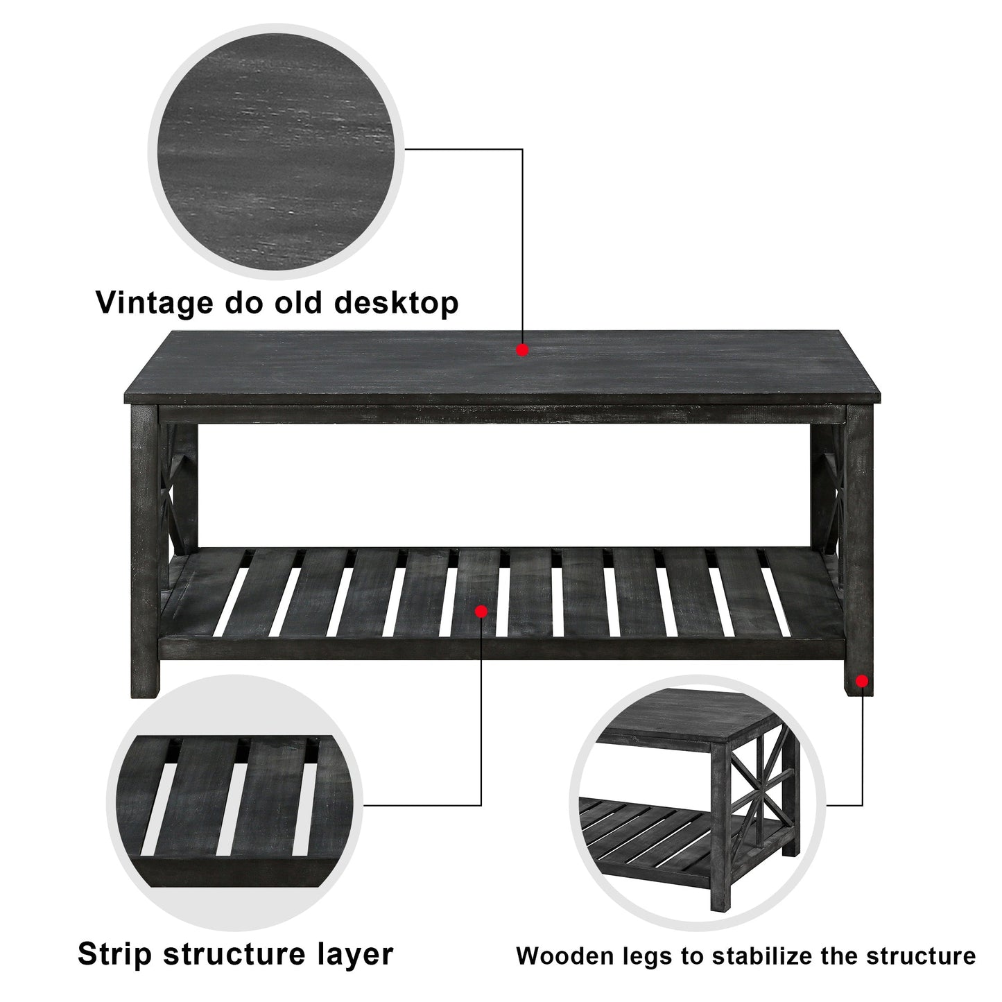 52''W  Handcrafted Coffee Table In Front Of The Sofa Or Loveseat For Living Room(Antique Black Color)