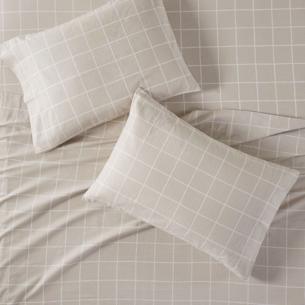 Oversized Flannel - 4 Piece Queen Sheet Set - Beige Windowpane