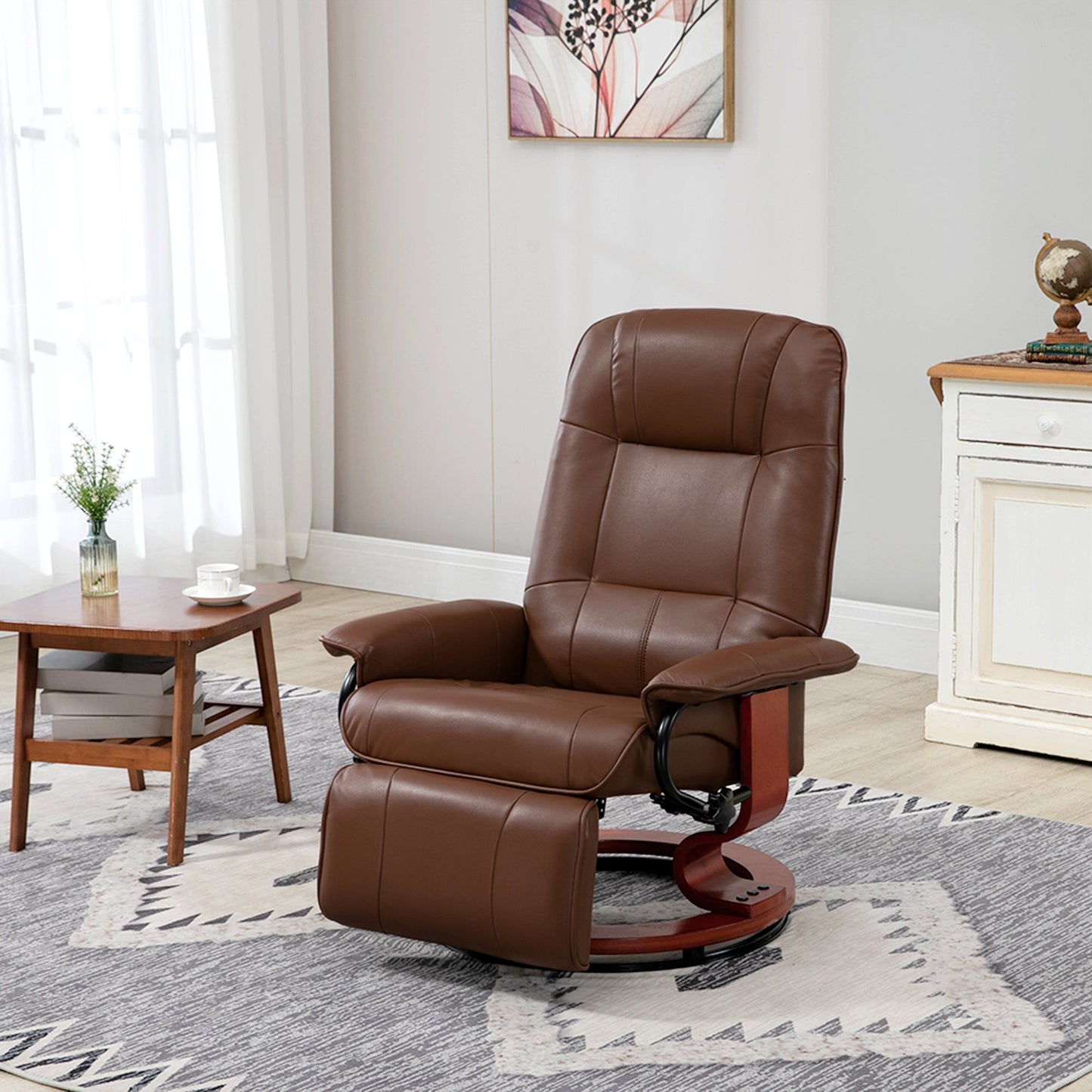 Faux Leather Manual Recliner, Adjustable Swivel Lounge Chair with Footrest, Armrest and Wrapped Wood Base for Living Room, Brown