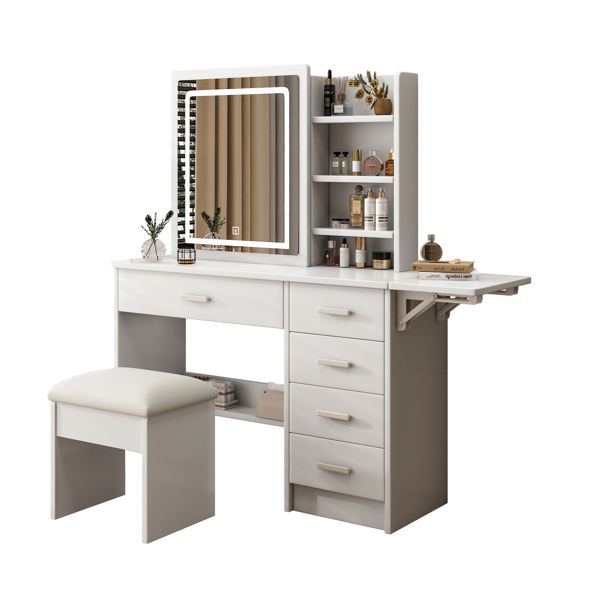 Fashion Vanity Desk With Mirror And Lights For Makeup, 5 Drawers, Adjustable Lighting - White