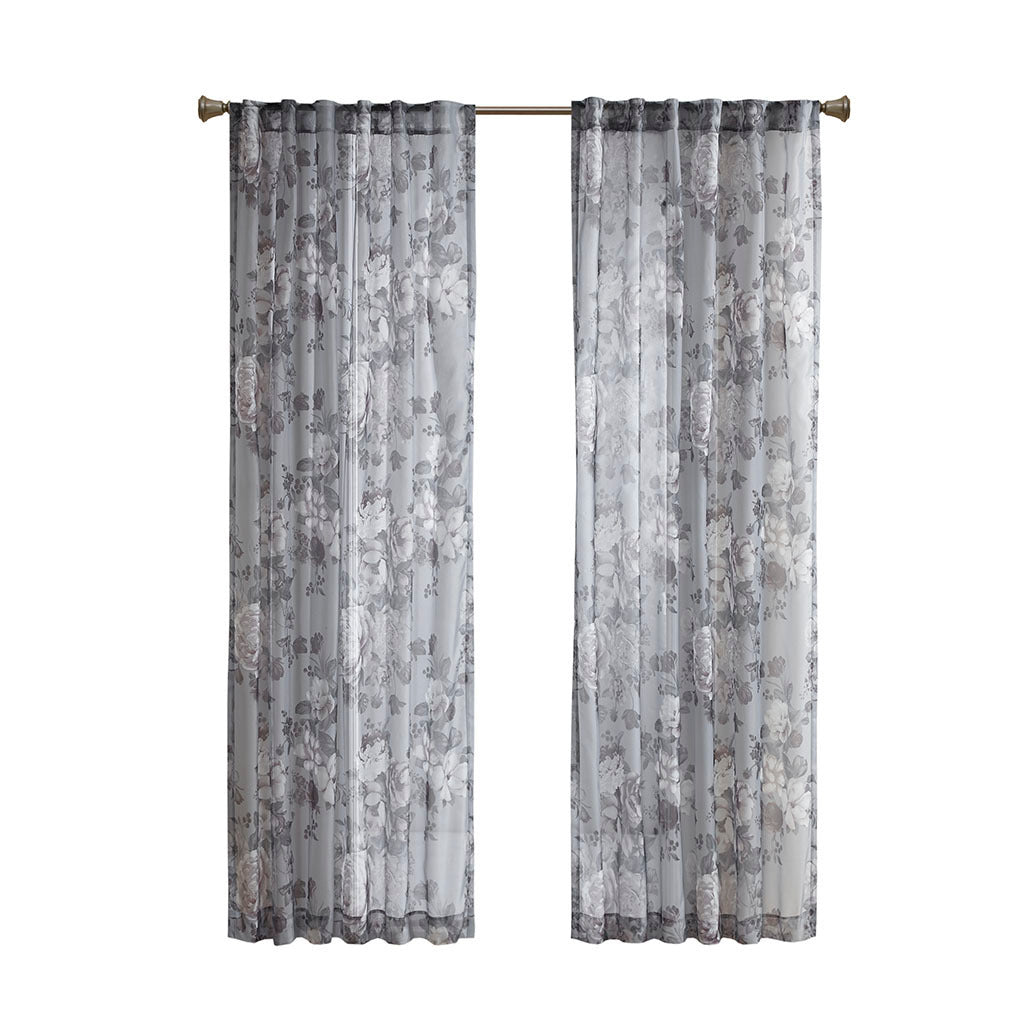 Printed Floral Rod Pocket and Back Tab Voile Sheer Curtain