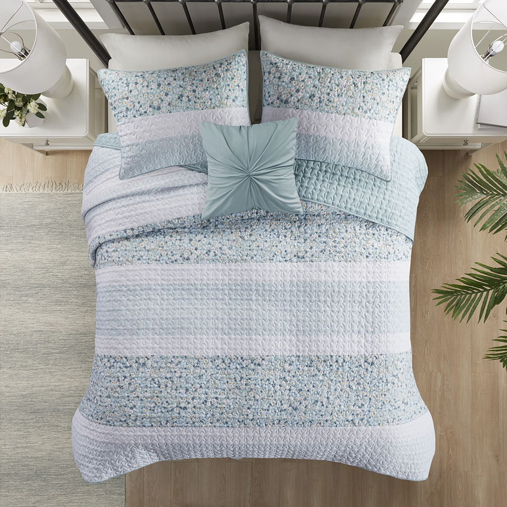 Caralie - 4 Piece Full Seersucker Coverlet Set With Throw Pillow - Aqua