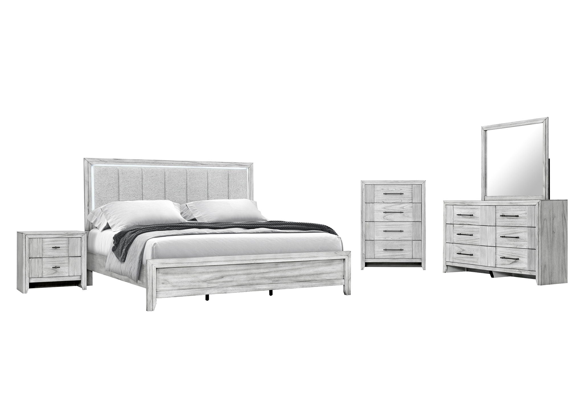 Elsie - King Bed Headboard With LED, Footboard And Slats - Light Grey