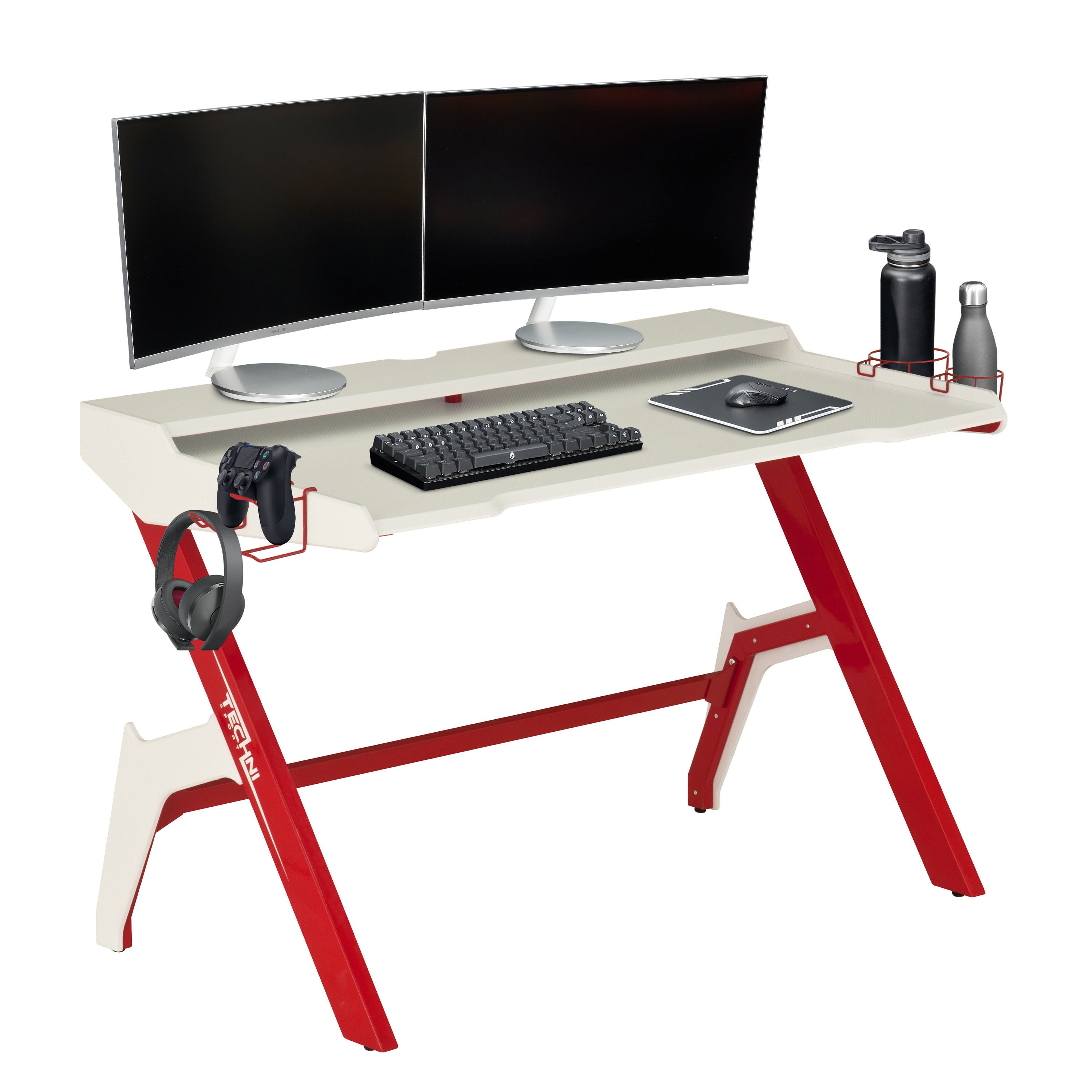 Techni Sport Ergonomic Computer Gaming  Desk Workstation with Cupholder & Headphone Hook, Red