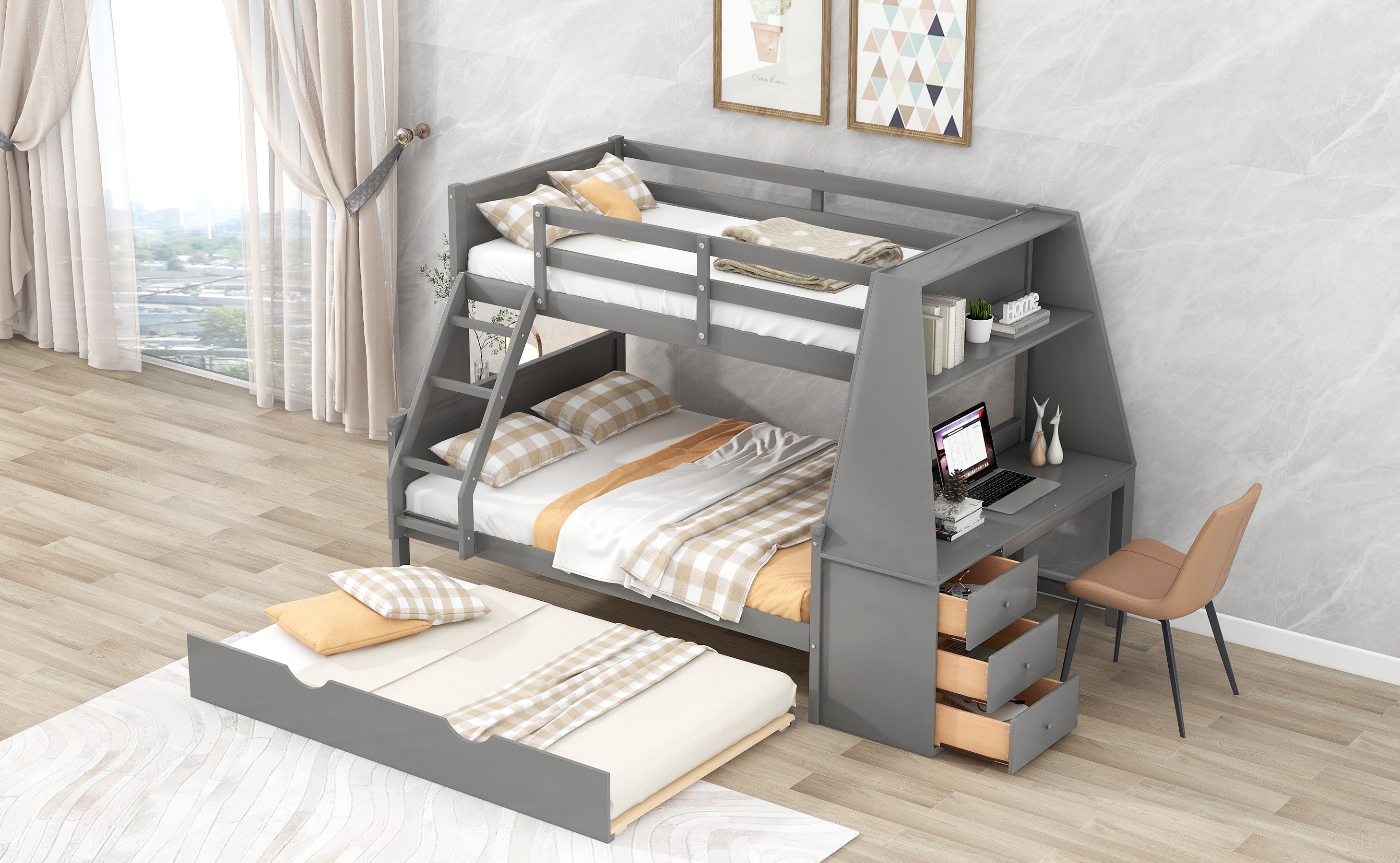 Twin over Full Bunk Bed with Trundle and Built-in Desk, Three Storage Drawers and Shelf,Gray