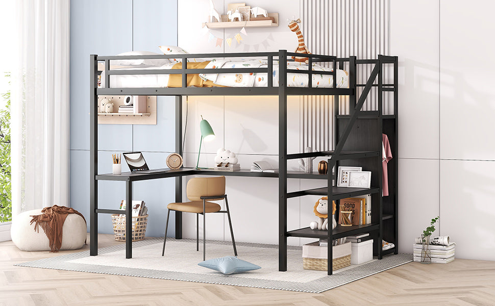 Full Size Loft Bed with L-shaped Desk and USB, Metal Loft Bed with Wardrobe and Adjustable Shelf, High Loft Bed with LED for Kids Teens Adults, Black