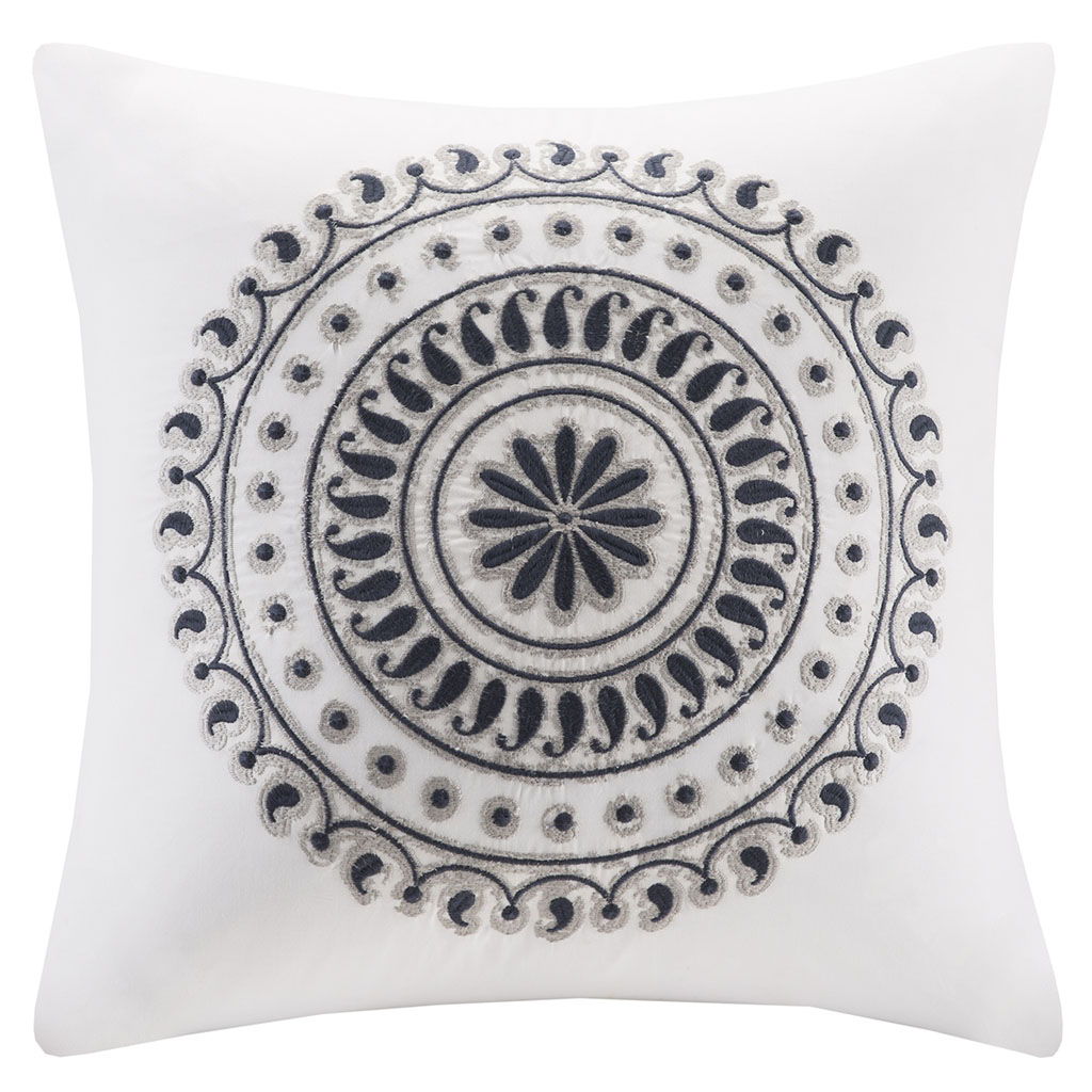 Fleur - Embroidered Square Pillow - Navy
