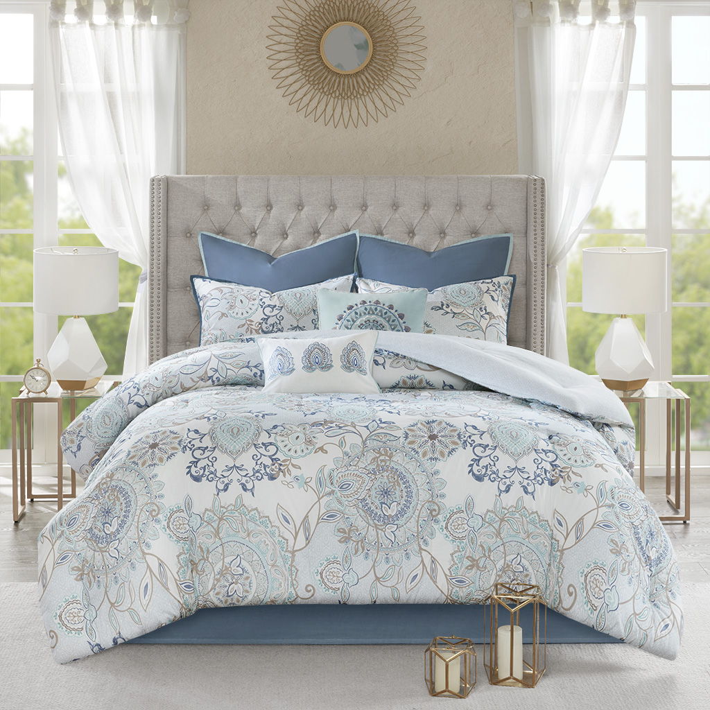 Isla - King 8 Piece Printed Reversible Comforter Set - Blue