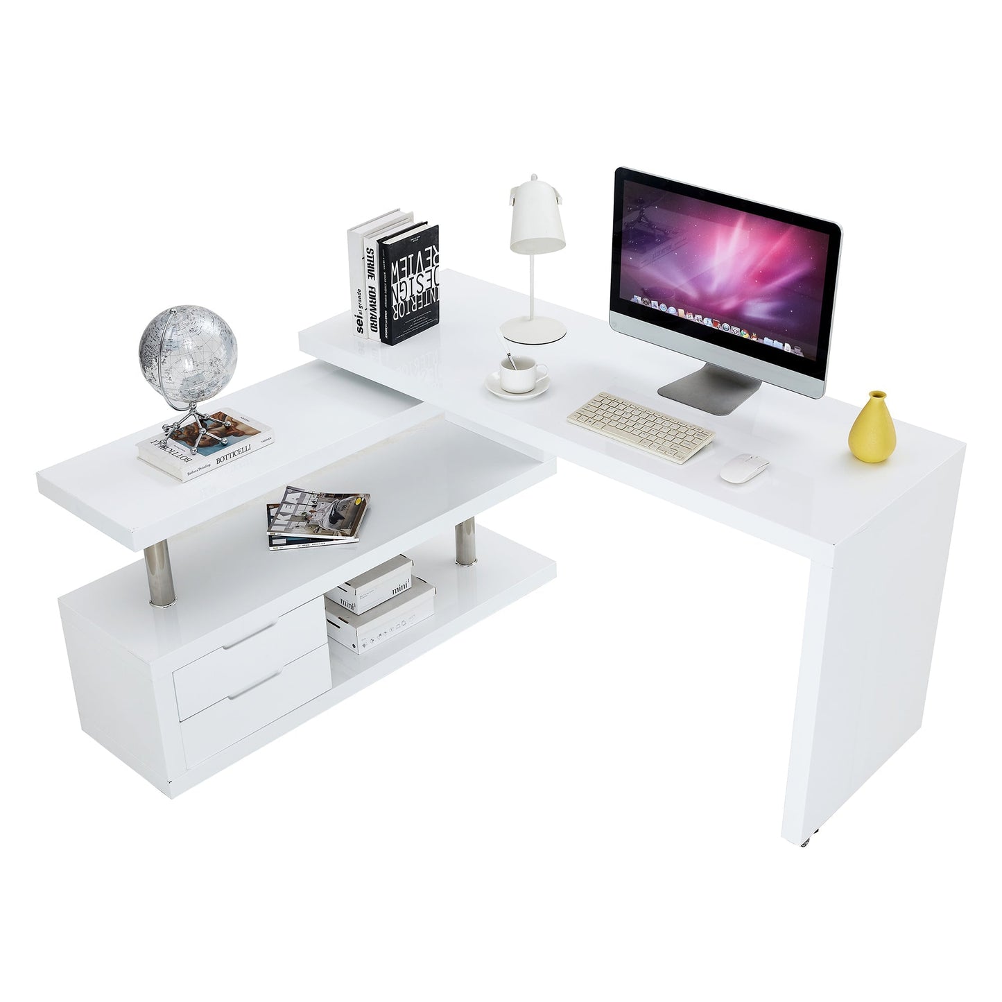 White environmentally friendly high-density board, minimalist corner bookshelf and office desk, desktop computer desk, integrated learning and writing corner desk, simple home.