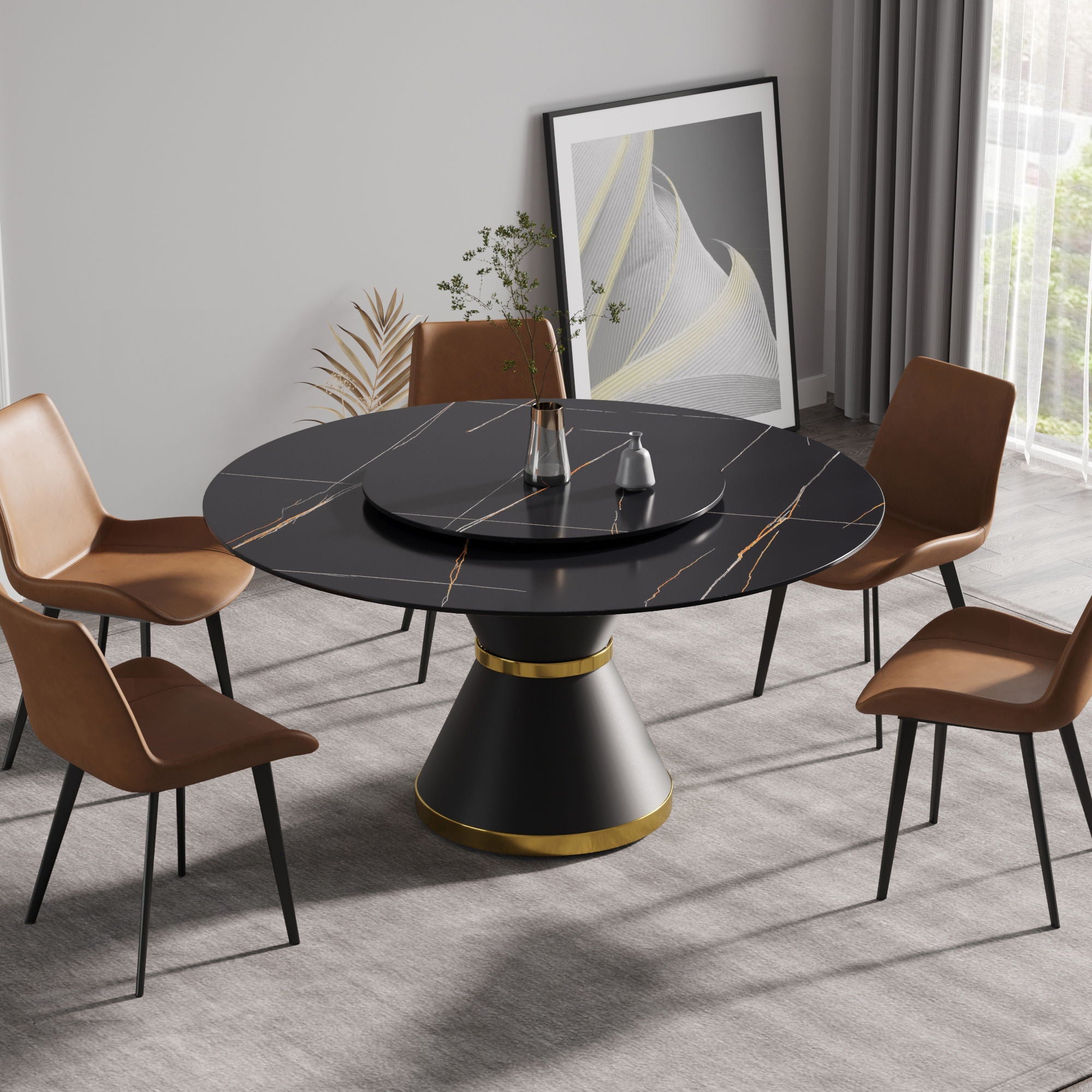 Modern Artificial Stone Round Carbon Steel Base Dining Table, Can Accommodate 6 People Artificial Stone Turntable - Black