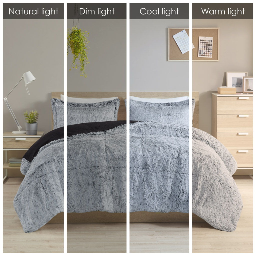 Malea - Shaggy Long Fur King Comforter Mini Set - Black / Light Blue