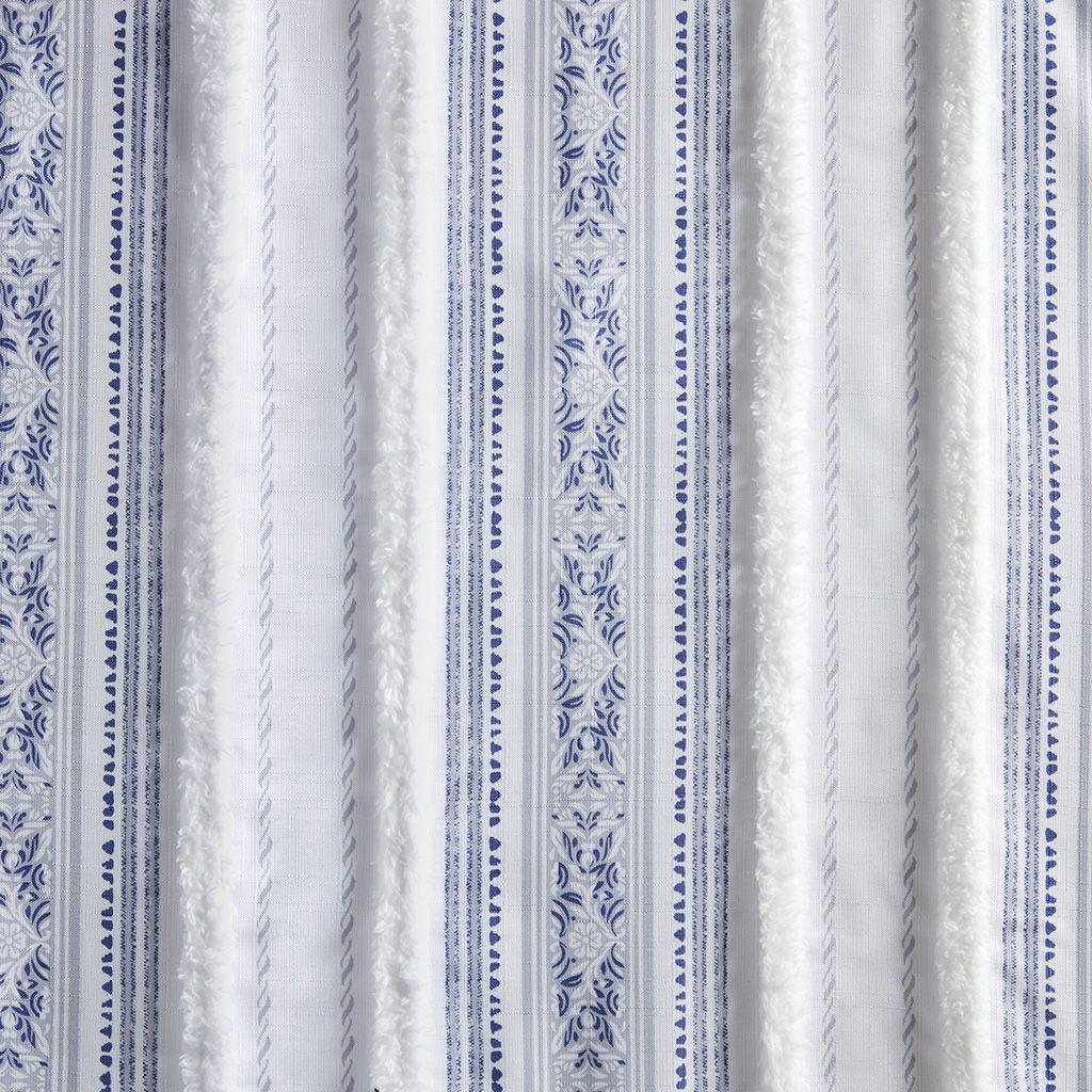 Veronica - 50x95" Poly Printed Curtain Panel With Tufted Stripe And Lining - White / Navy