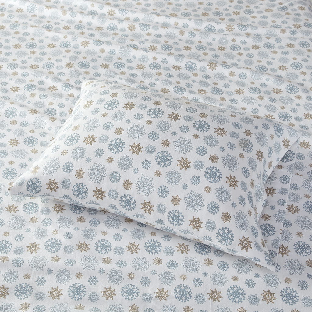 Cozy Flannel - Queen Sheet Set - Tan / Blue Snowflakes