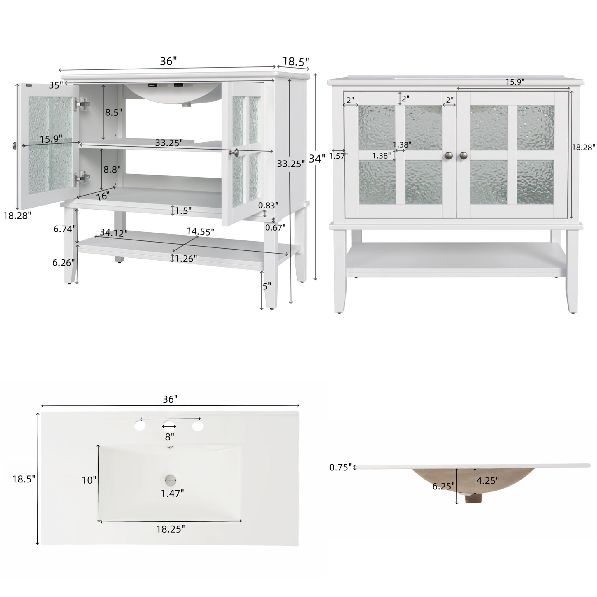 Bathroom Vanity With Ceramic Sink, Adjustable & Open Shelf
