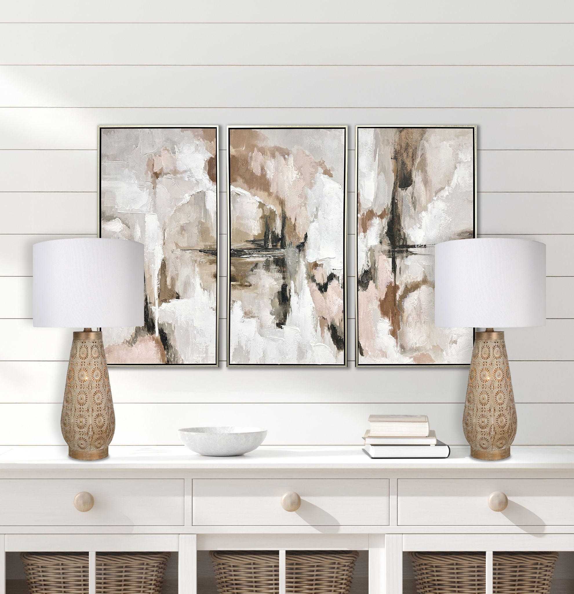 "Celestial Carve" Laser Cut Metal Table Lamp With Night Light (Set of 2) - Distressed White / Distressed Tan