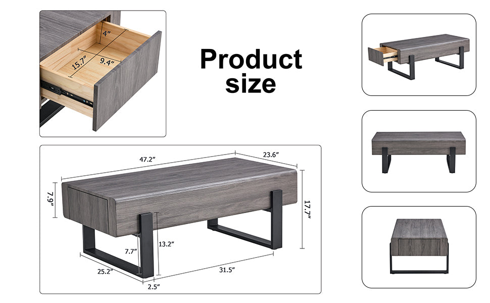 A coffee table made of MDF material. Equipped with drawers made of solid wood material. Can store things and save space. Paired with black metal table legs. Suitable for living room.