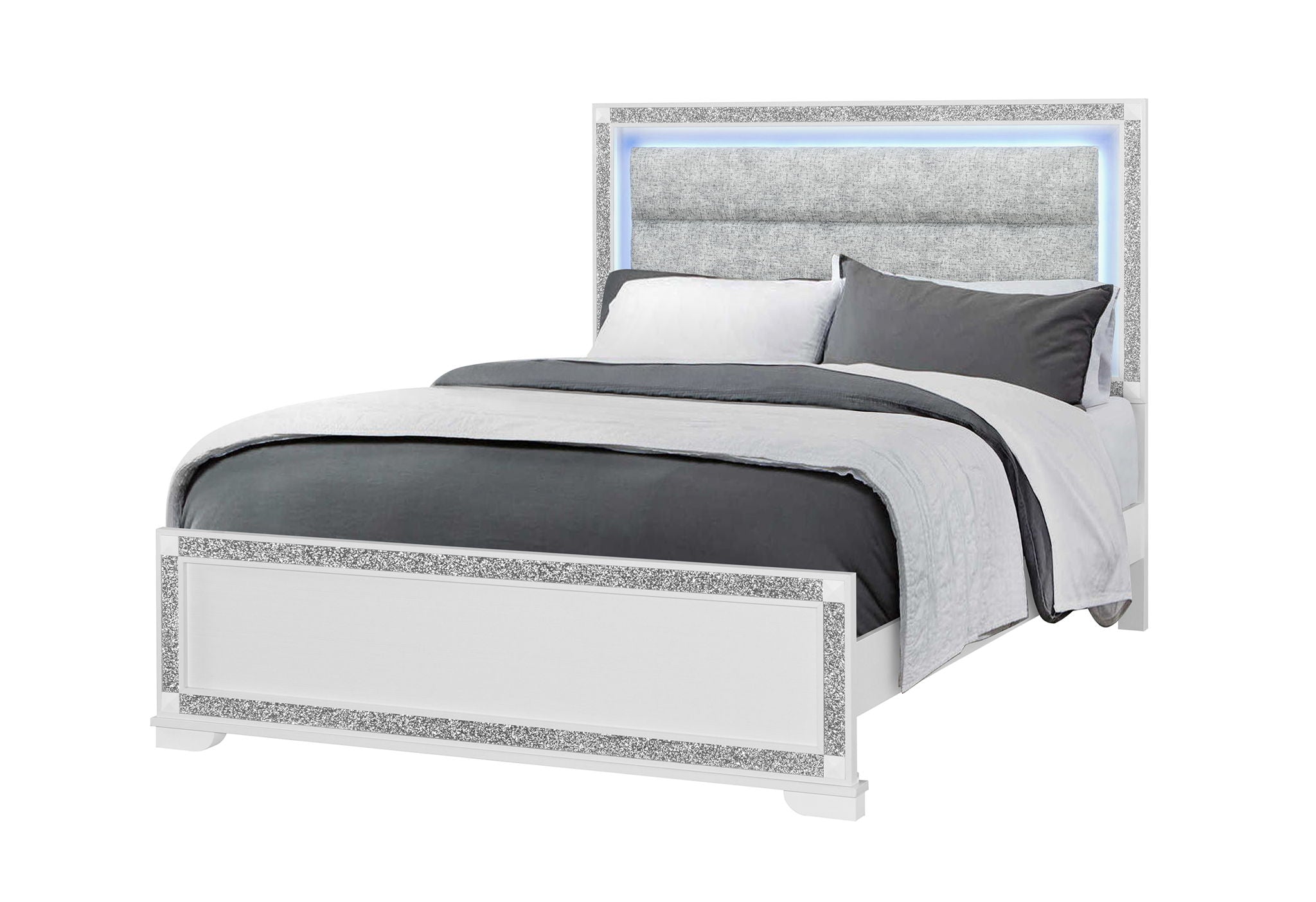Soleil - Queen Bed Headboard With LED, Footboard And Slats - White