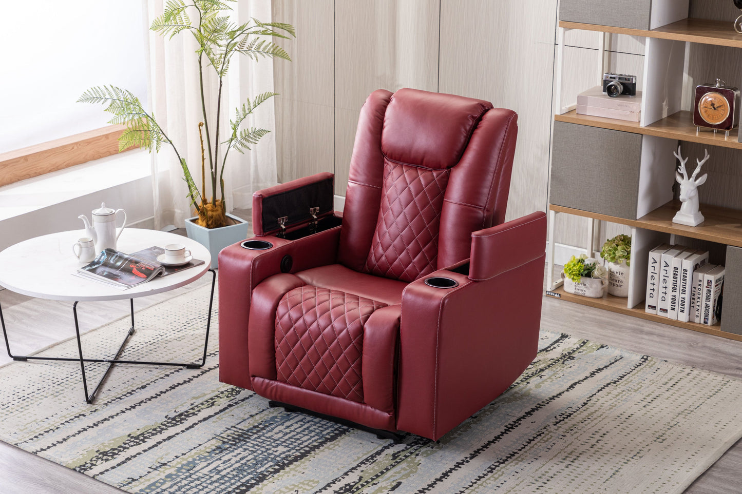 PU Material With Cup Hold Storage USB Recliner,Red