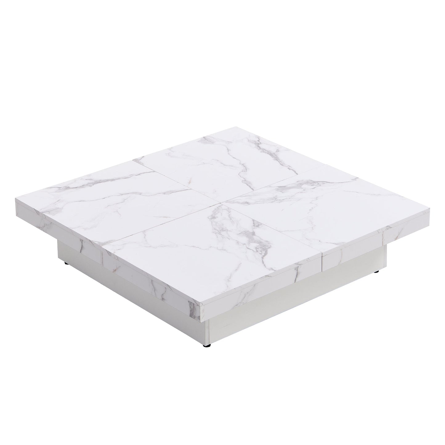 Square Marble Veneer Coffee Table Sliding Top with Storage in White 39.4''