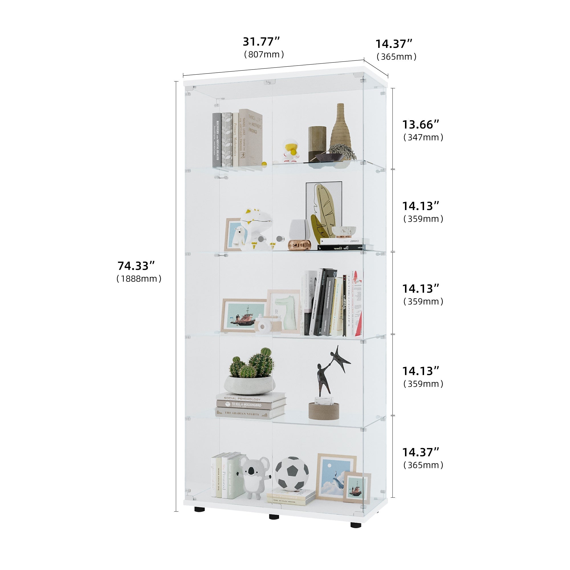 Glass Display Cabinet with 5 Shelves Double Door, Curio Cabinets for Living Room, Bedroom, Office, White Floor Standing Glass Bookshelf, Quick Installation