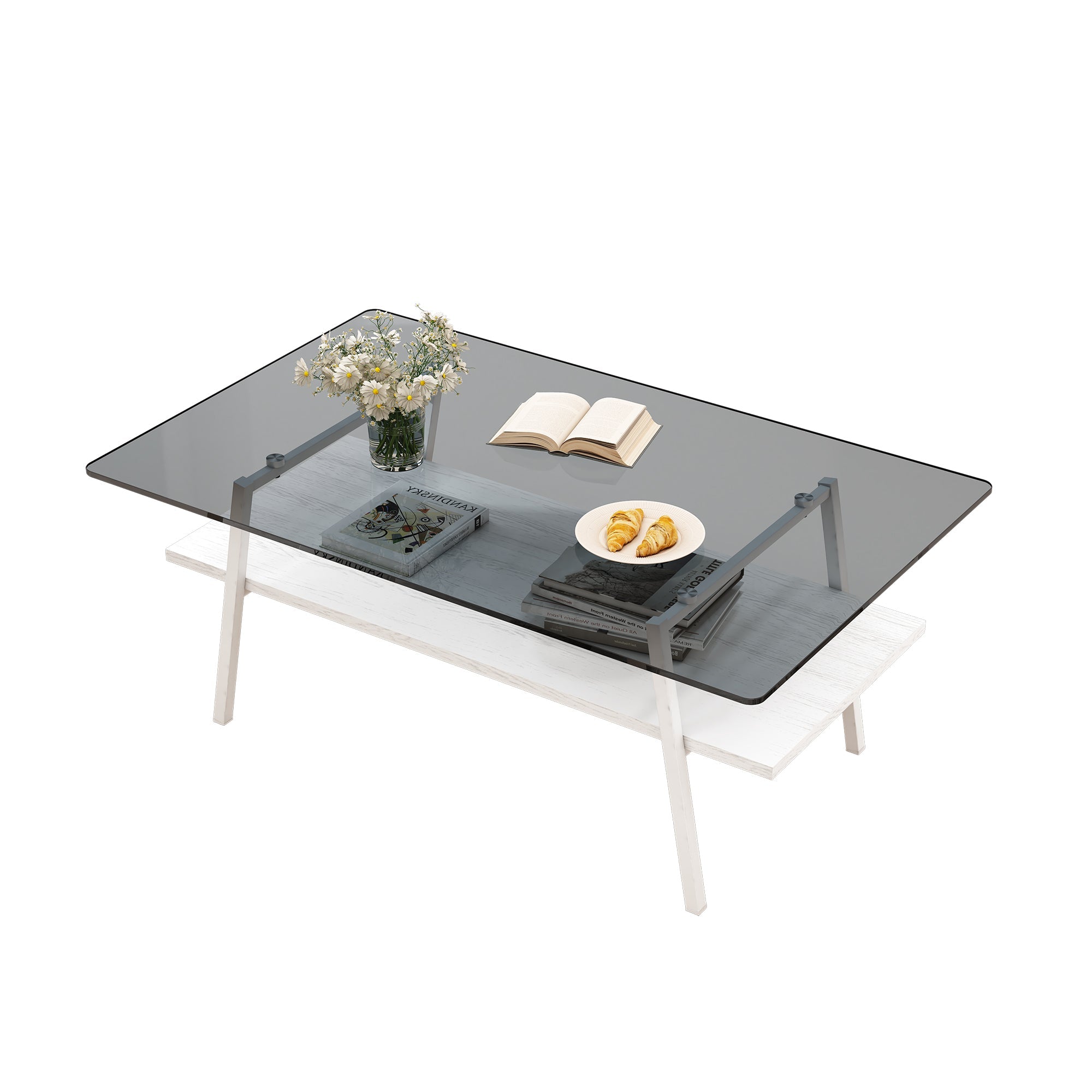 Rectangle Coffee Table, Tempered Glass Tabletop with White Metal Legs, Modern Table for Living Room , Gray Glass