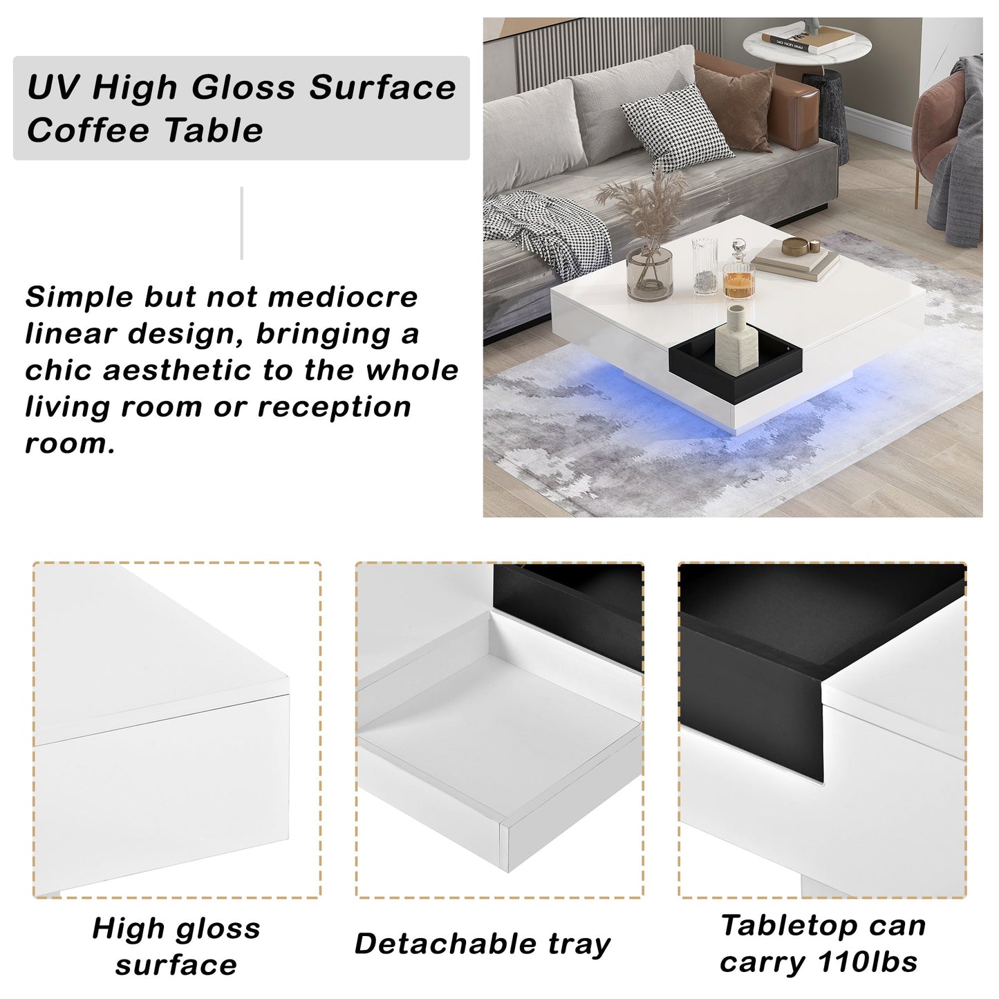 Modern Minimalist Design 31.5*31.5in Square Coffee Table with Detachable Tray and Plug-in 16-color LED Strip Lights Remote Control for Living Room( OLD SKU: WF291303AAK )