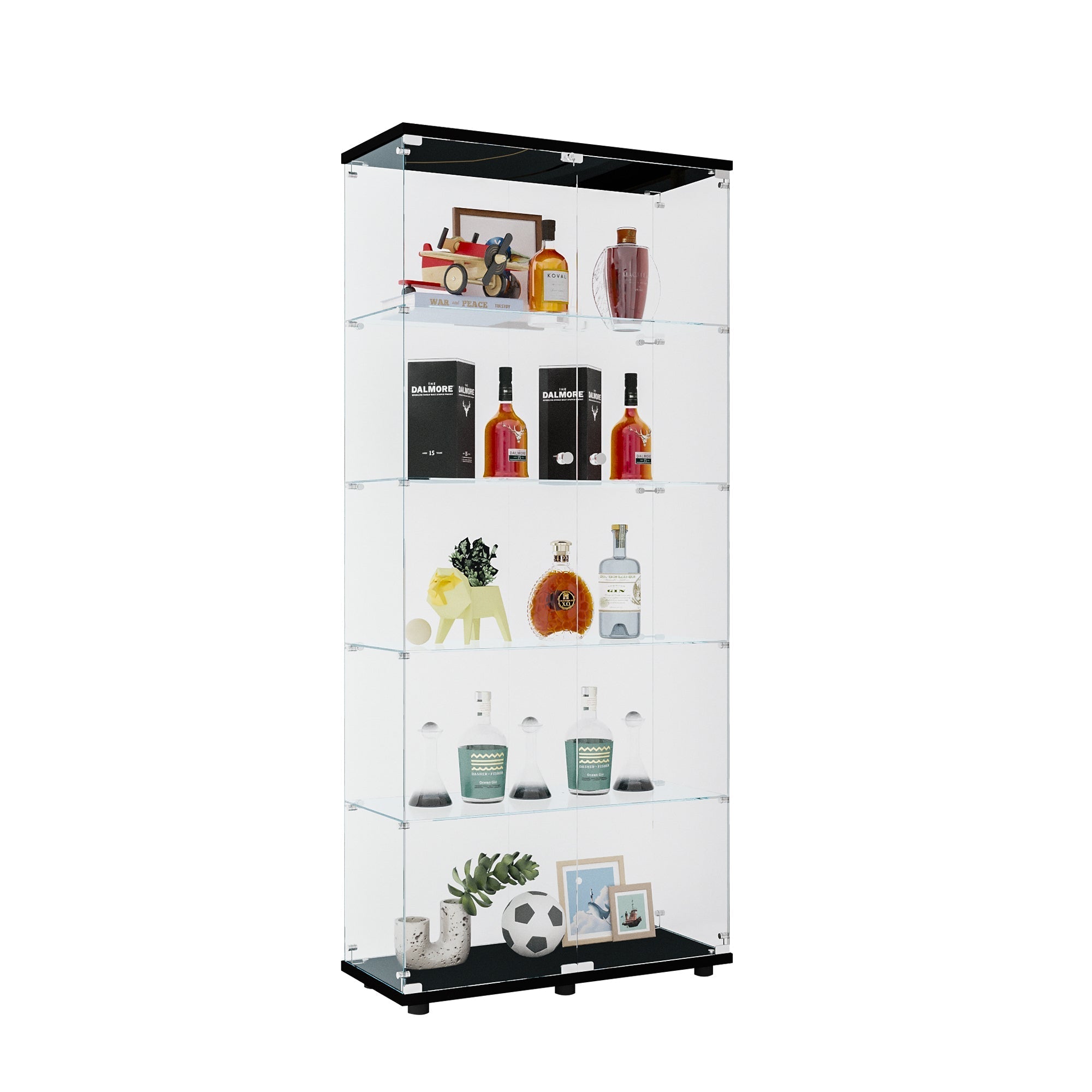 Glass Display Cabinet with 5 Shelves Double Door, Curio Cabinets for Living Room, Bedroom, Office, Black Floor Standing Glass Bookshelf, Quick Installation