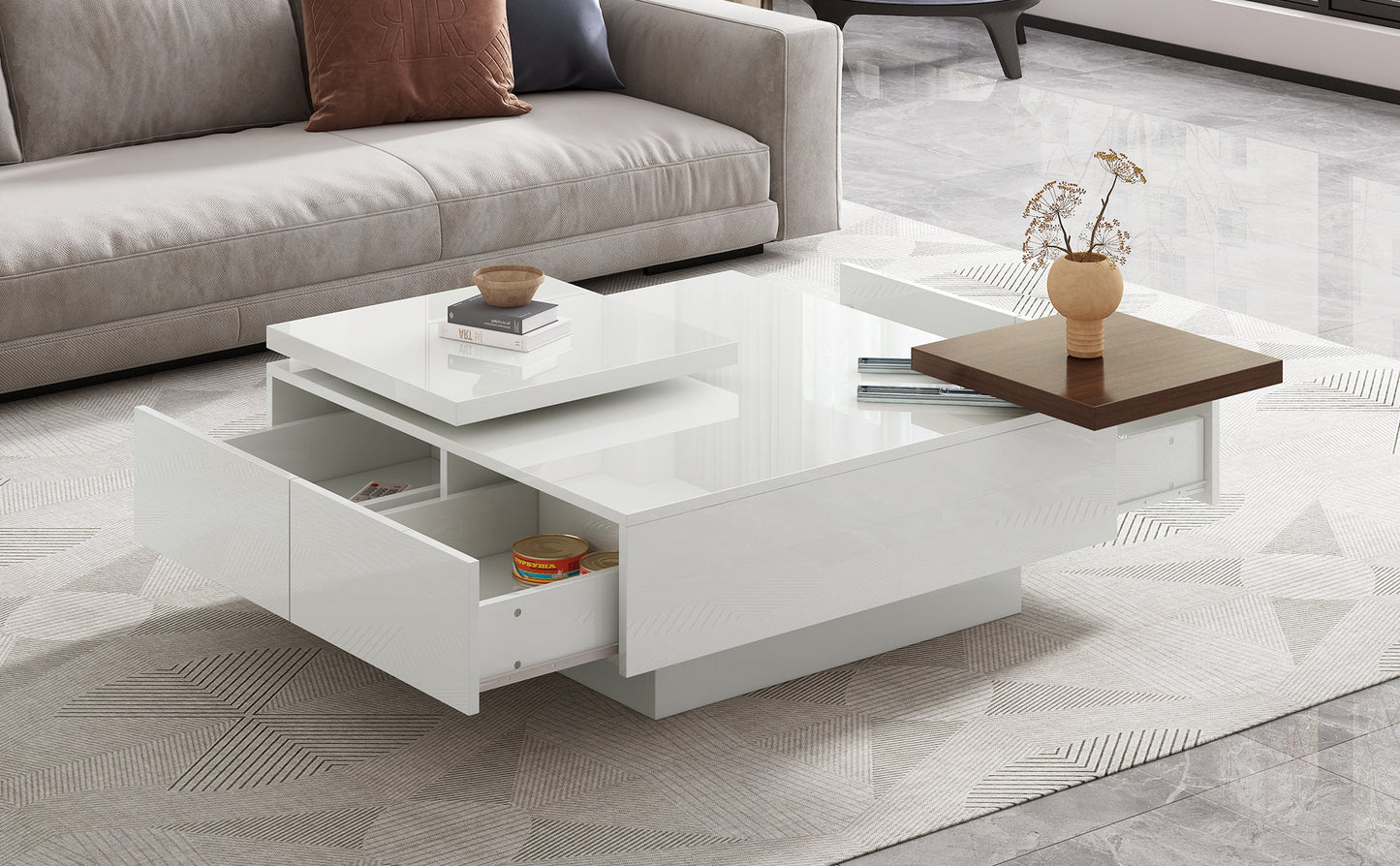 U-Can Movable Top Coffee Table, Modern Square Wood Coffee Table with High Gloss finish, 4 Hidden Storage Drawers for Living Room