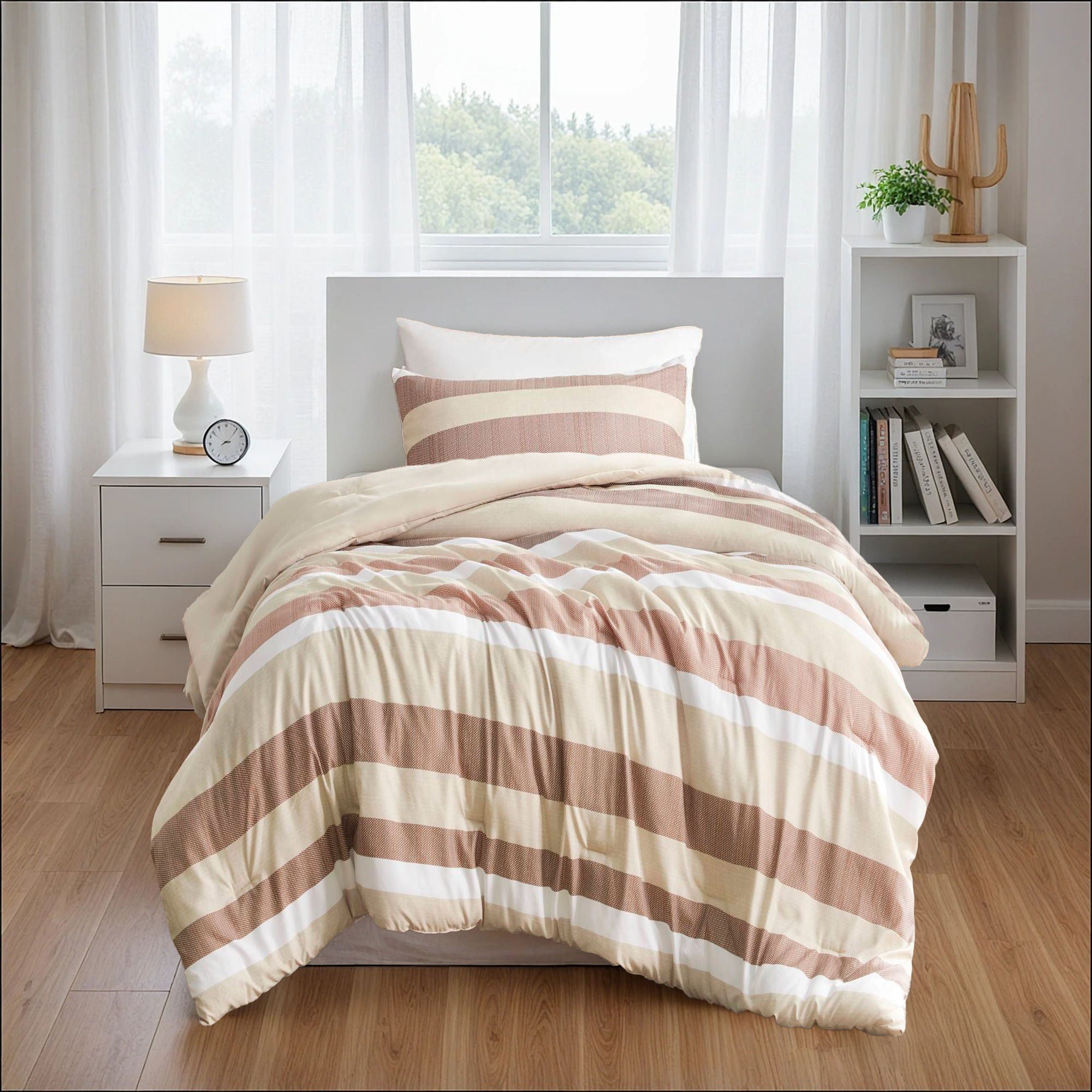 Blais - Twin Stripe Textured Print Comforter Set - Terracotta