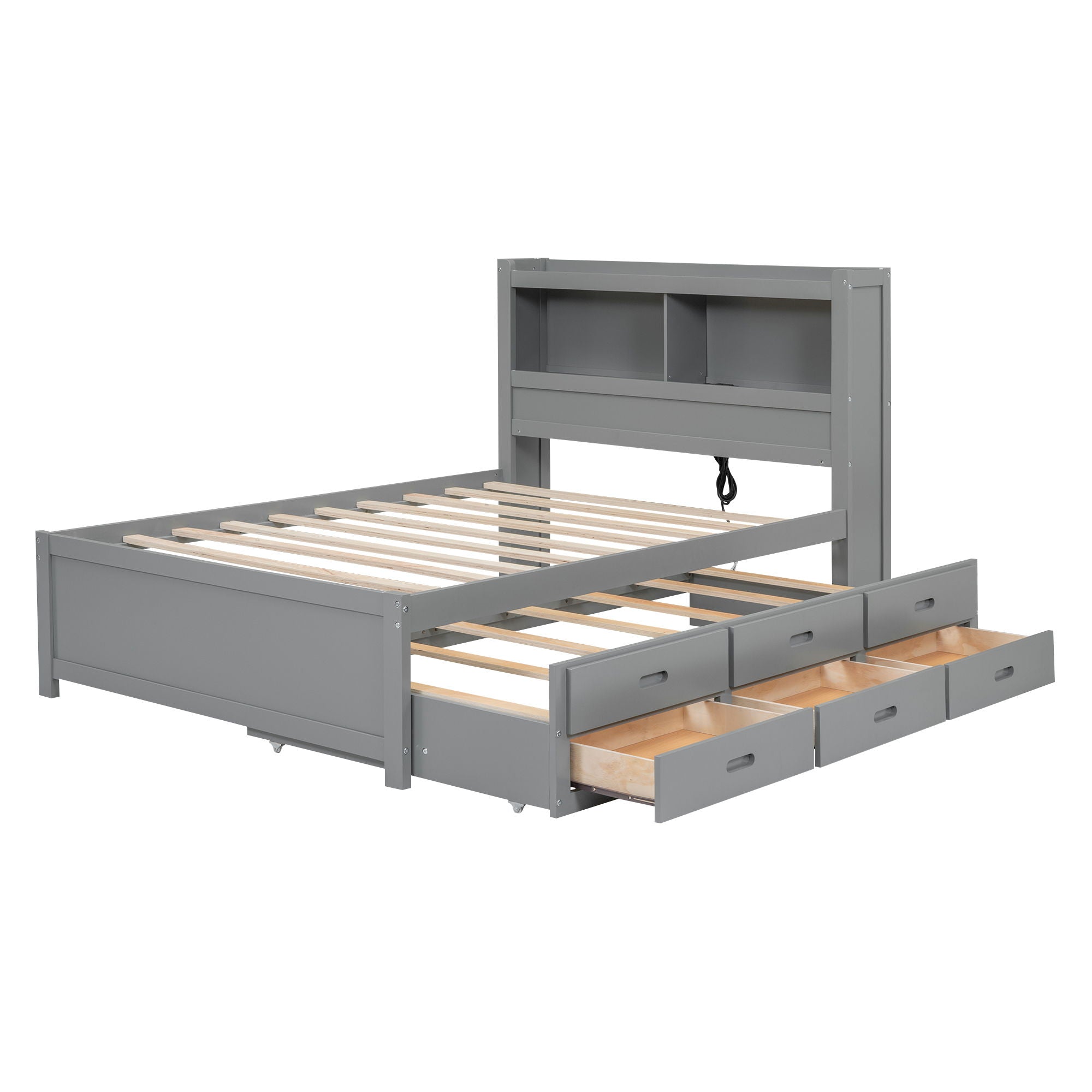 Full Size Platform Bed With Trundle, Drawers, USB Ports And Built In Shelves - Gray