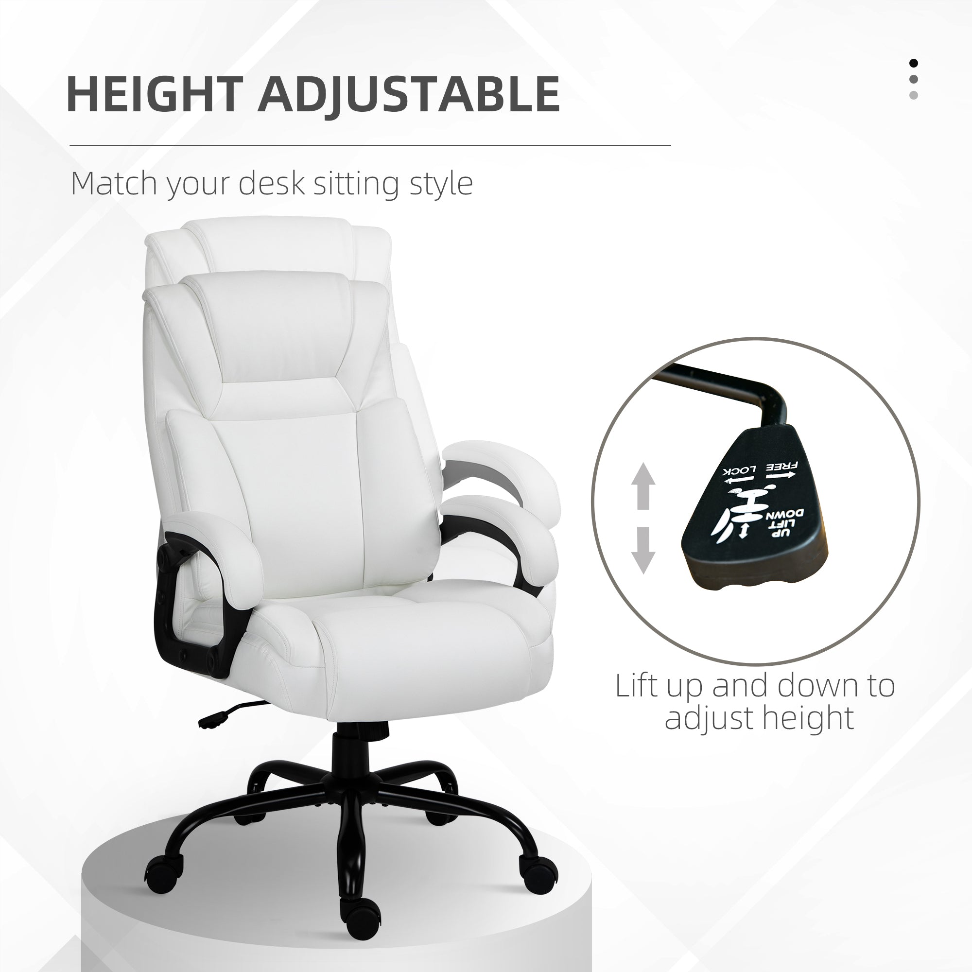 Big and Tall 400lbs Executive Office Chair with Wide Seat, Computer Desk Chair with High Back PU Leather Ergonomic Upholstery, Adjustable Height and Swivel Wheels, White