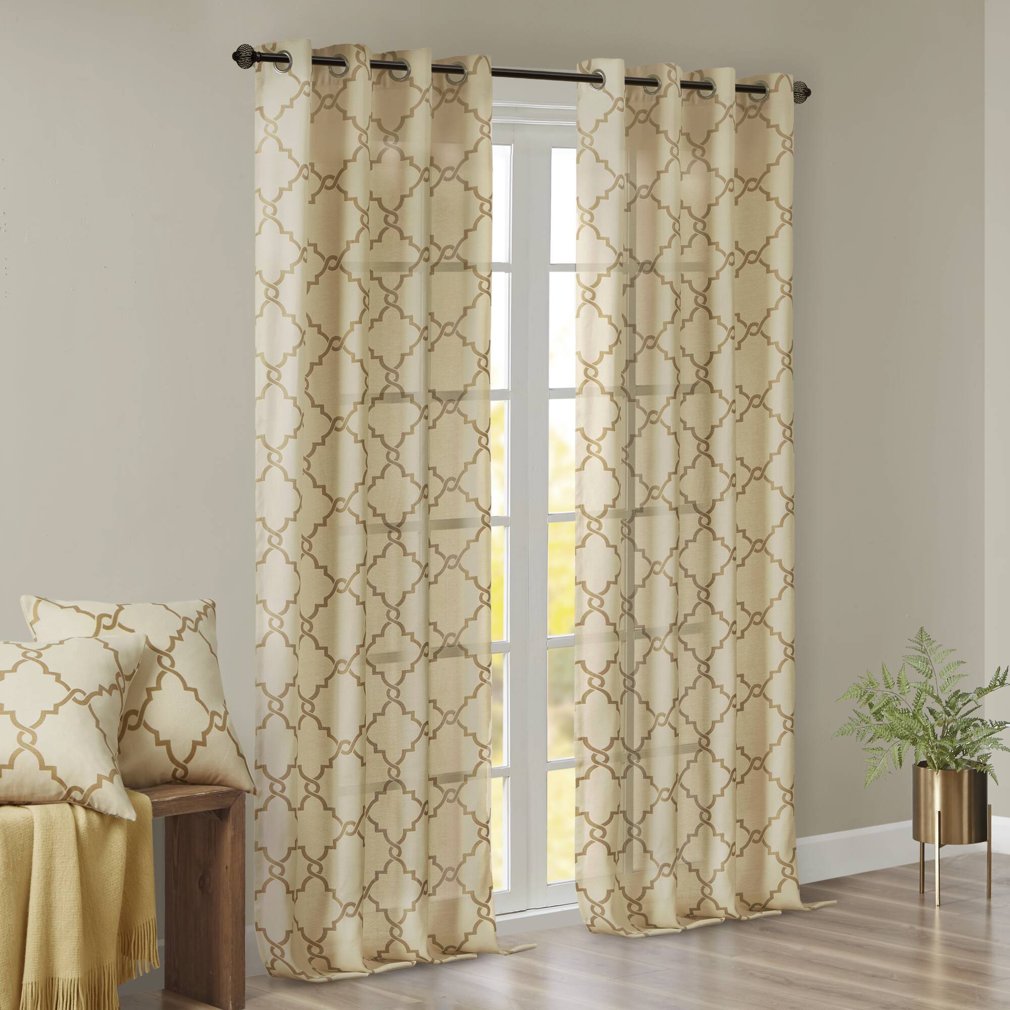 Saratoga - 95" Fretwork Print Grommet Top Window Curtain - Beige / Gold