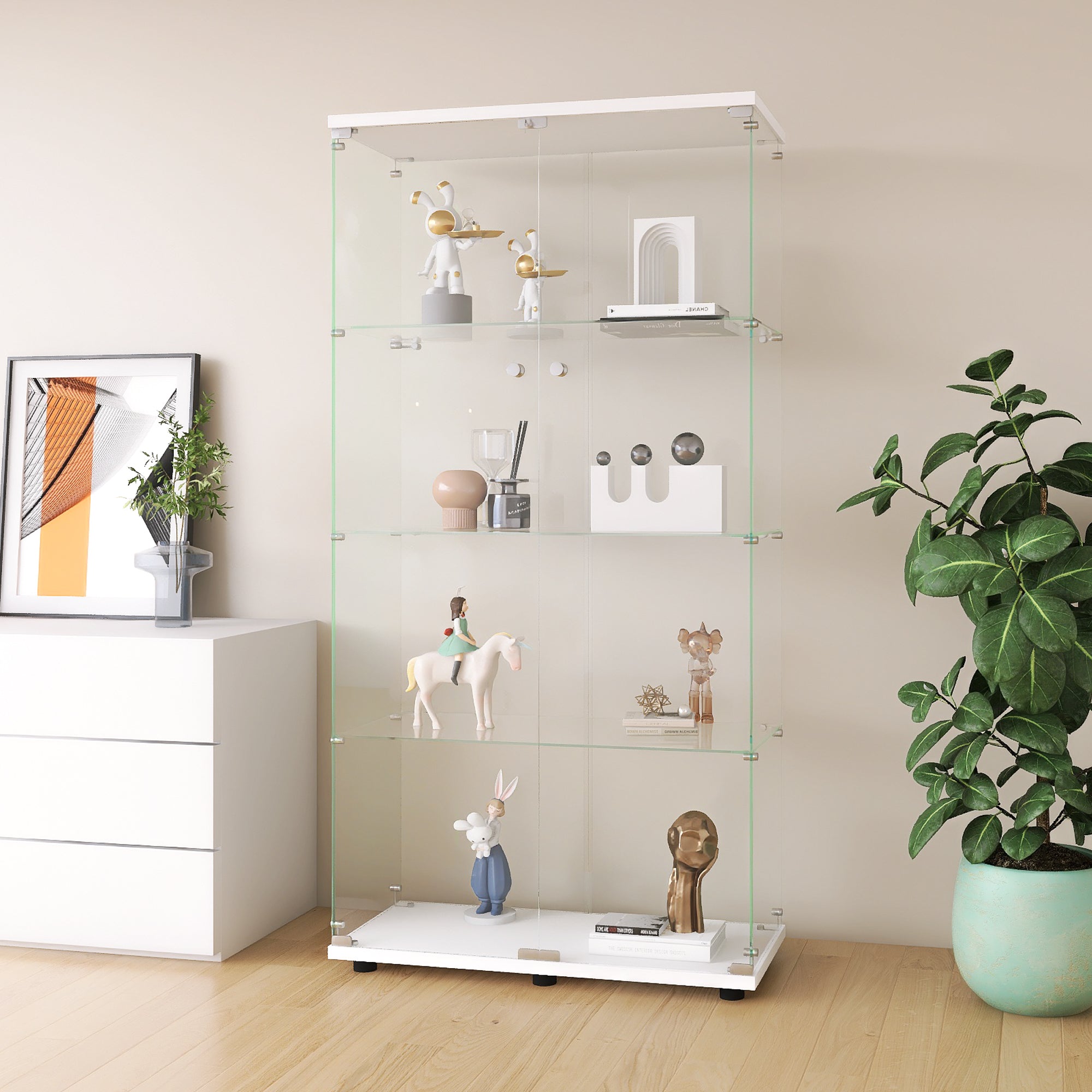 Two-door Glass Display Cabinet 4 Shelves with Door, Floor Standing Curio Bookshelf for Living Room Bedroom Office, 64.7"*31.7"*14.3", White