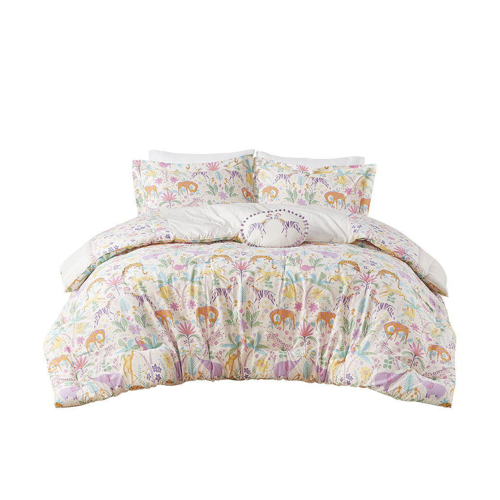 Lulu - Floral Reversible Cotton Comforter Set With Throw Pillow - Purple