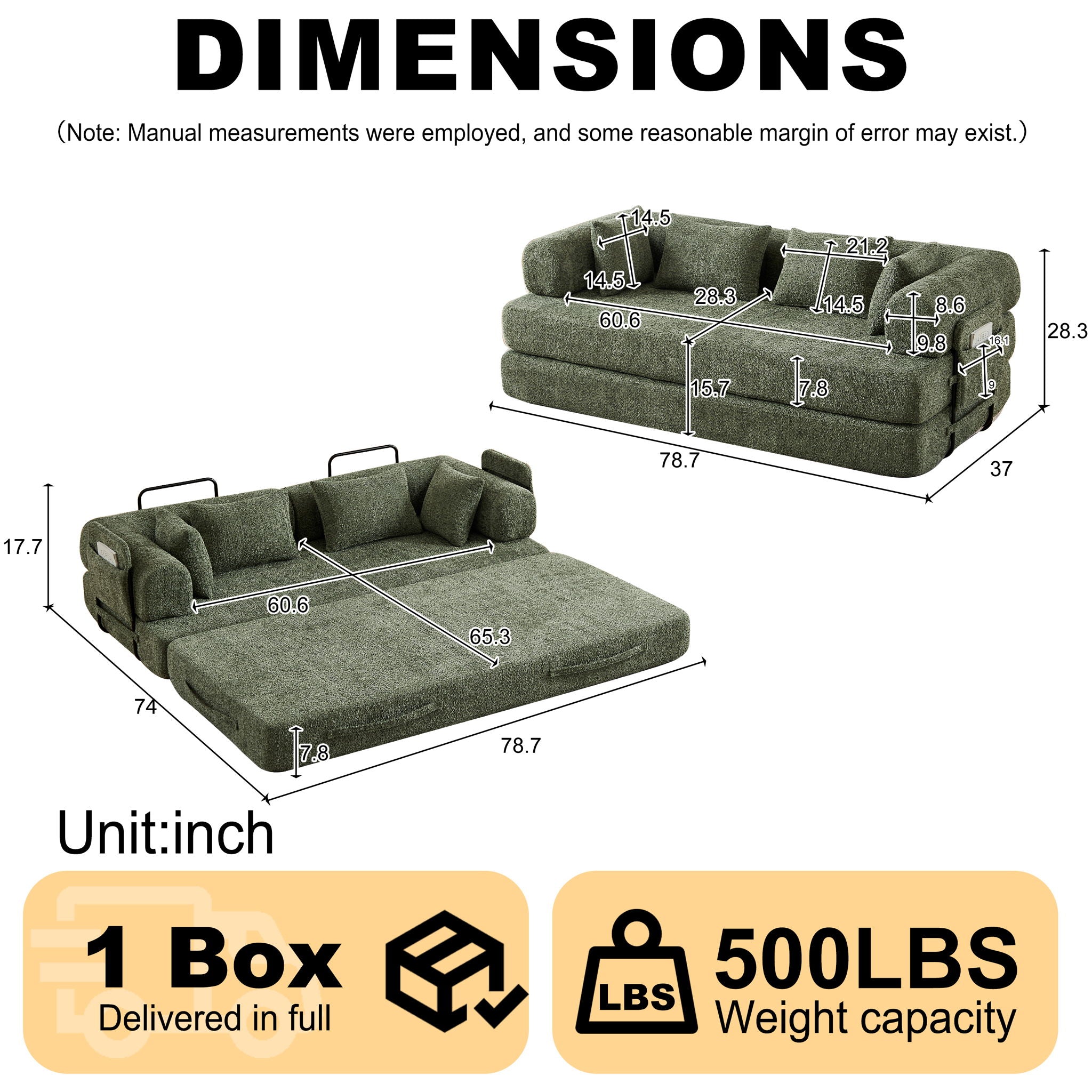 Convertible Sleeper Sofa Bed With Cylindrical Pillow