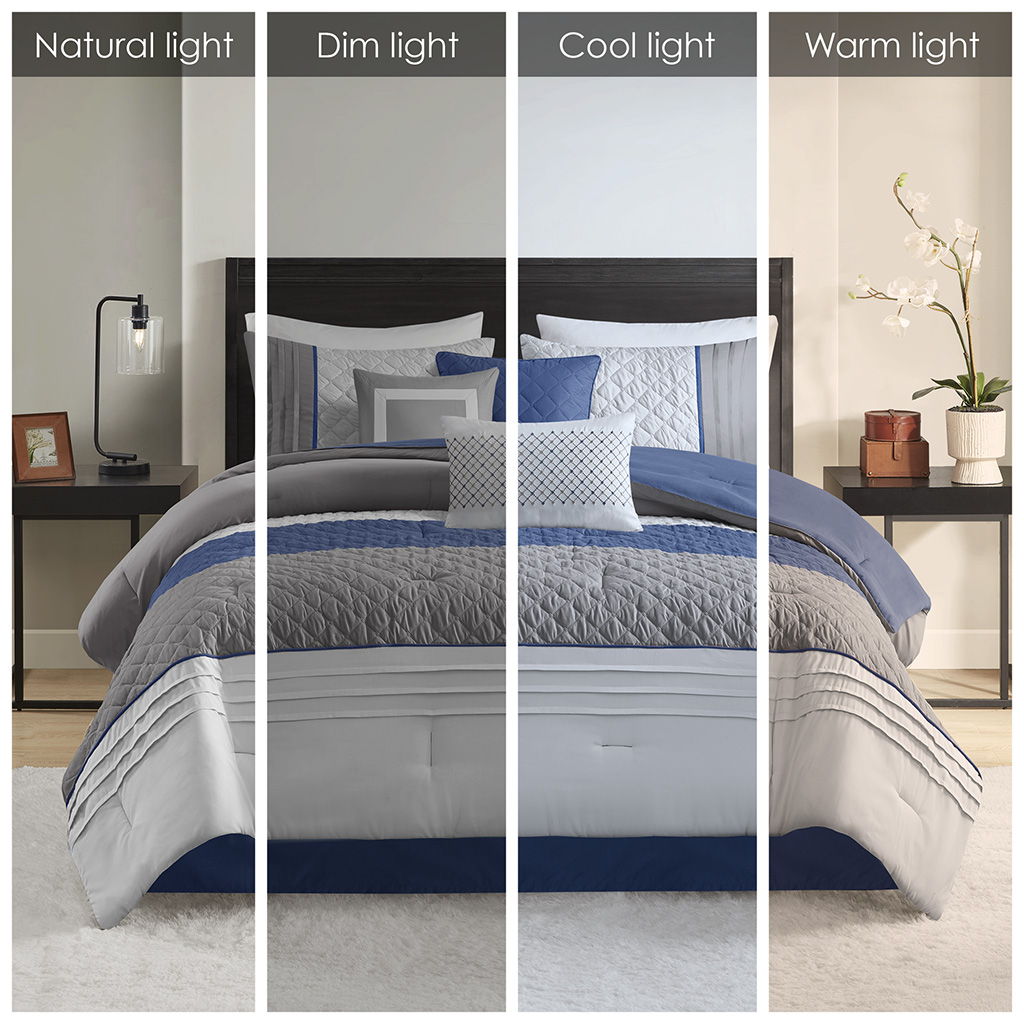 Greer - 7 Piece Color Block Stripe Comforter Set With Throw Pillows - Blue