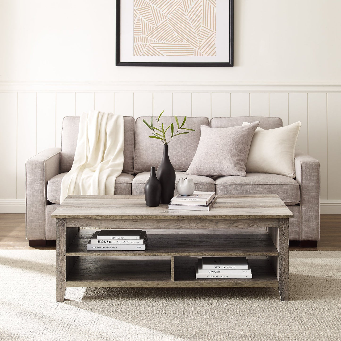 Coastal Grooved Panel Coffee Table with Lower Shelf – Grey Wash