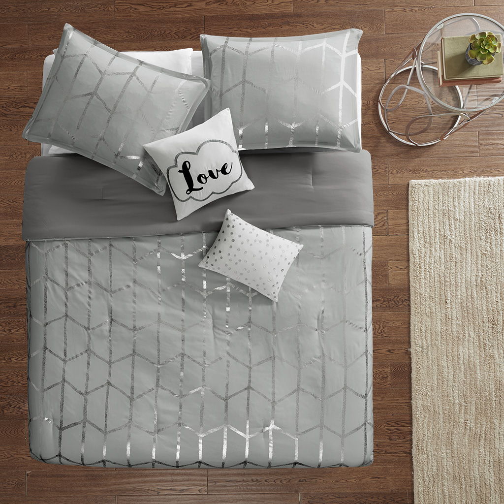 Raina - King Metallic Printed Comforter Set - Gray / Silver