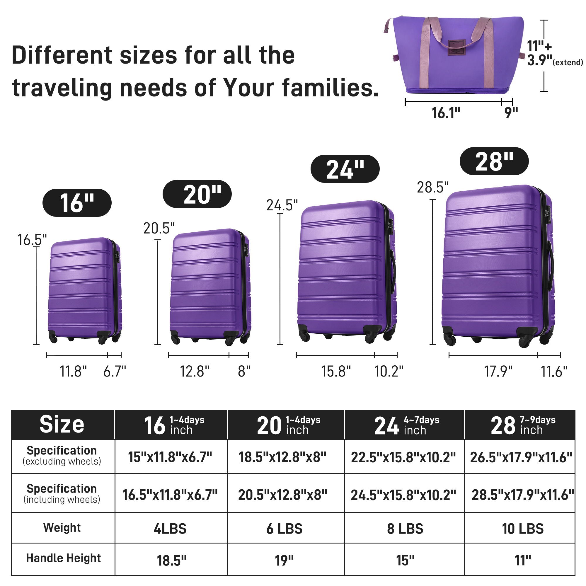 Hardshell Luggage Sets 4 Pieces + Bag Spinner Suitcase With Tsa Lock Lightweight - 16" / 20" / 24" / 28" Luggages