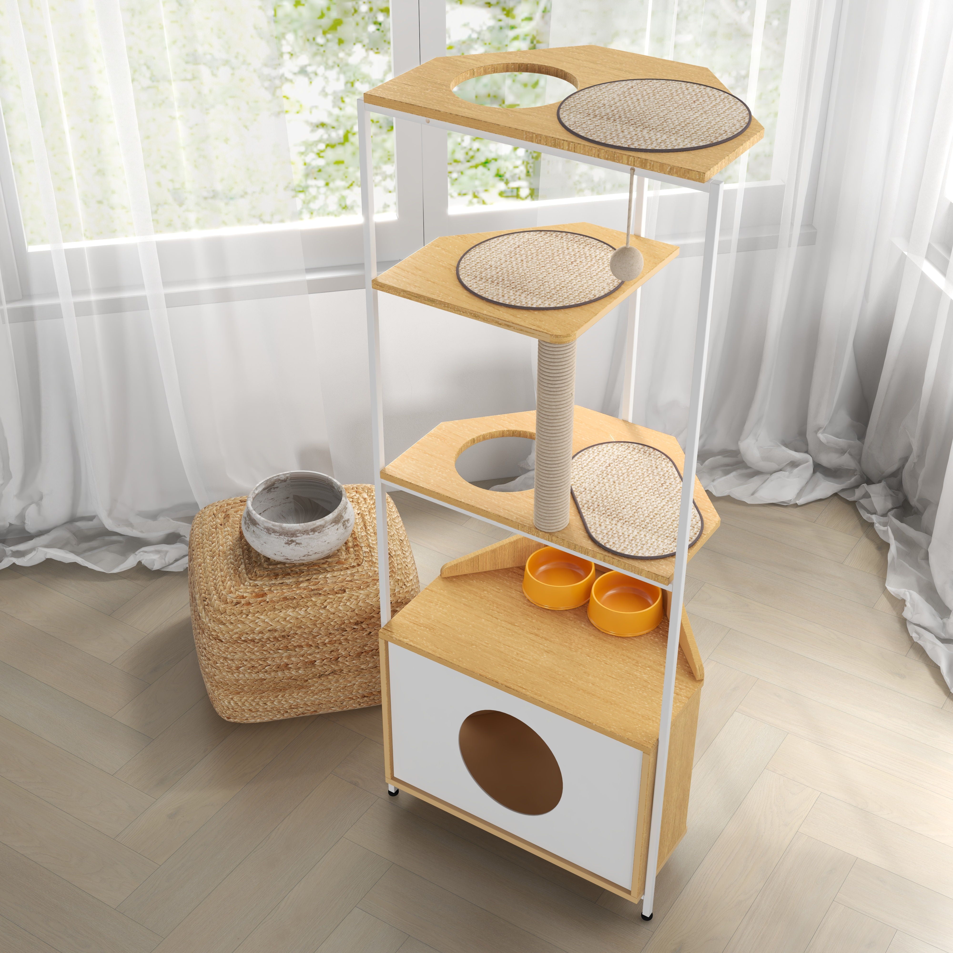 Corner Cat Tower, Cat Tree With Scratching Post, Cat Condo With Feeding Station And Climbing Platforms, Pet Furniture For Indoor Cats - White / Light Oak