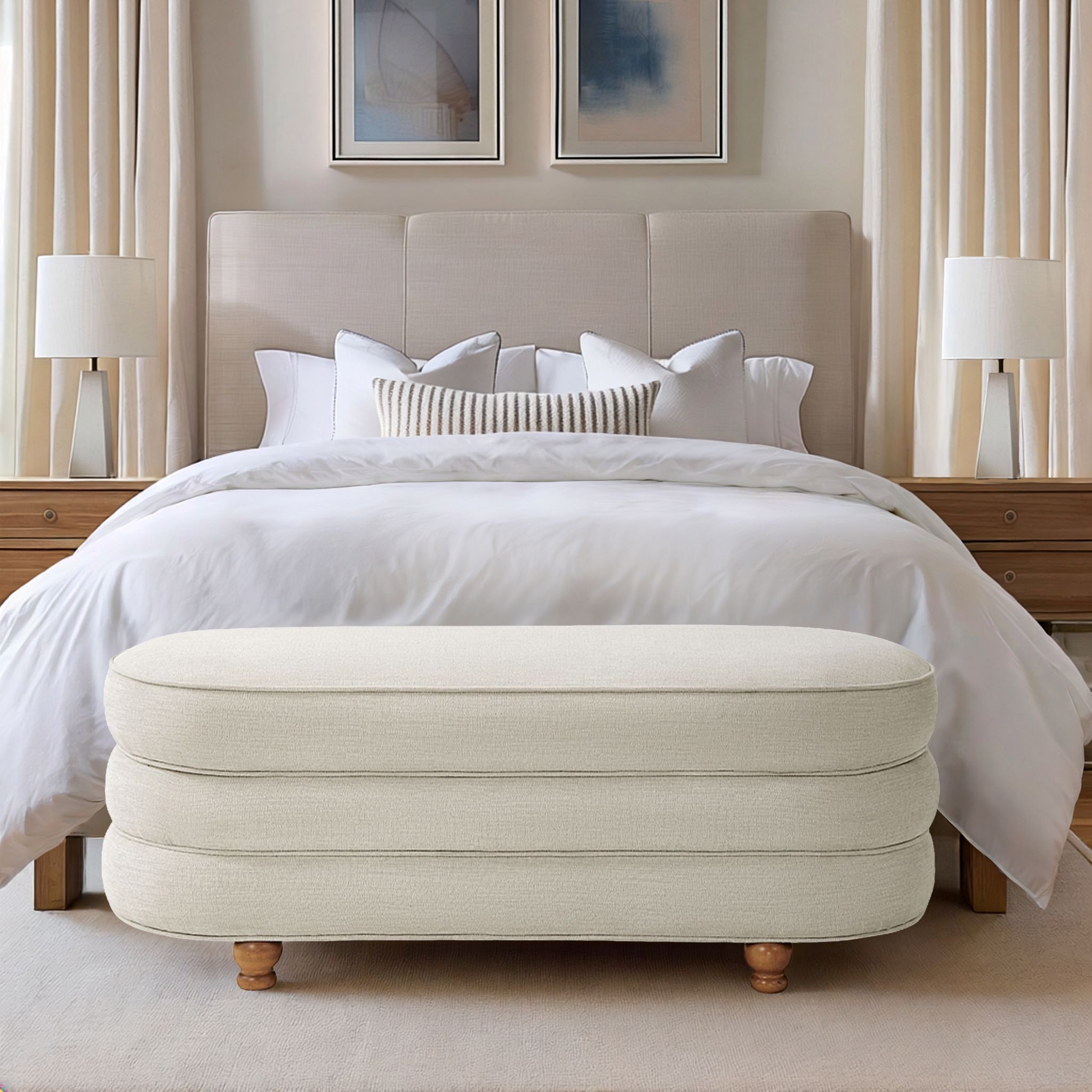 Kylan - Oval Channel Storage Bench With Wooden Ball Feet - Cream