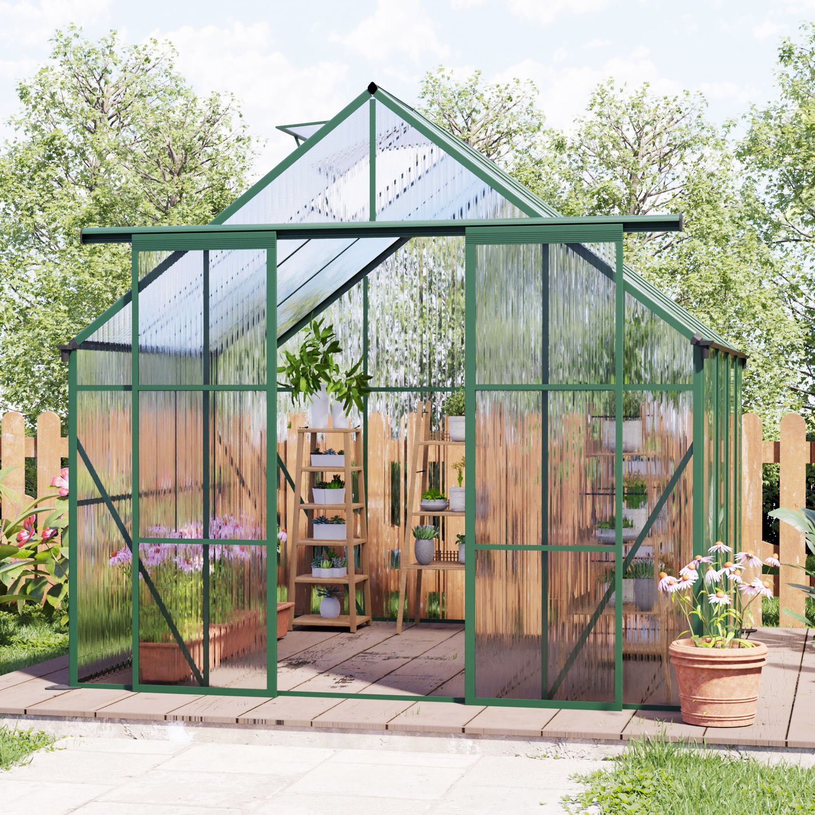 Double Door Polycarbonate Greenhouse Raised Base And Anchor Aluminum Heavy Duty Walk In Greenhouses For Outdoor Backyard In All Season