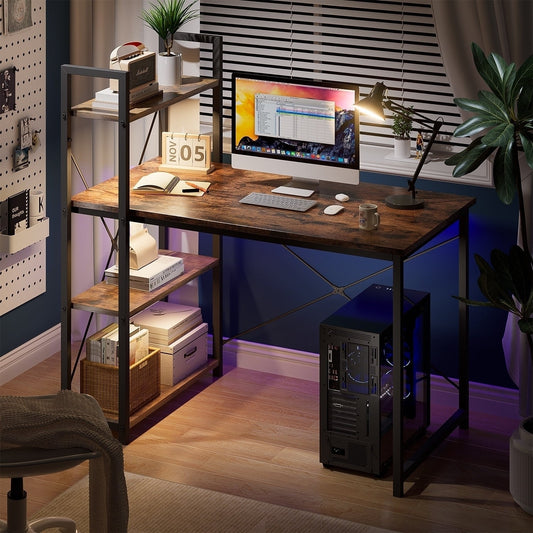 Computer Desk with LED Lights, Office Desk for Small Spaces, Gaming Desk with Reversible Storage Shelves, Rustic Brown