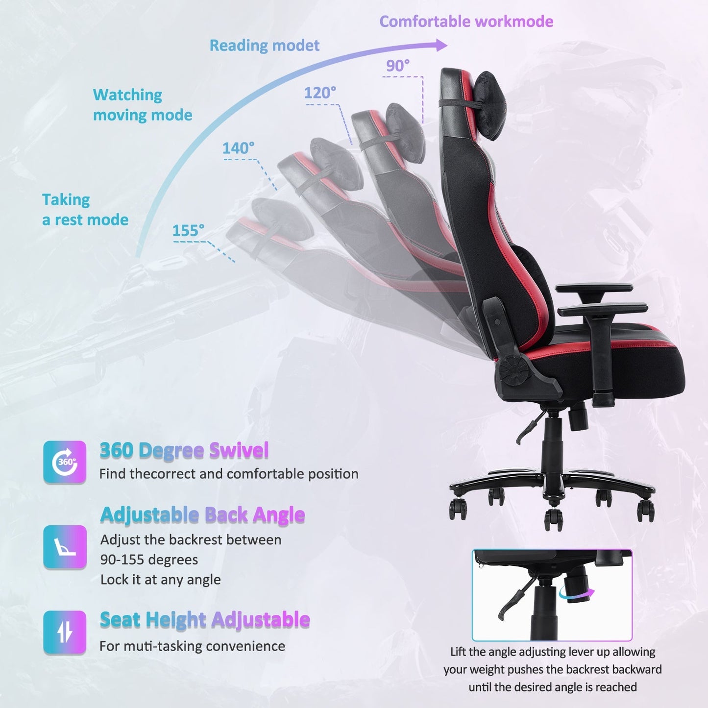 Big and Tall Gaming Chair 400lbs Gaming Chair with Massage Lumbar Pillow, Headrest, 3D Armrest, Metal Base, PU Leather