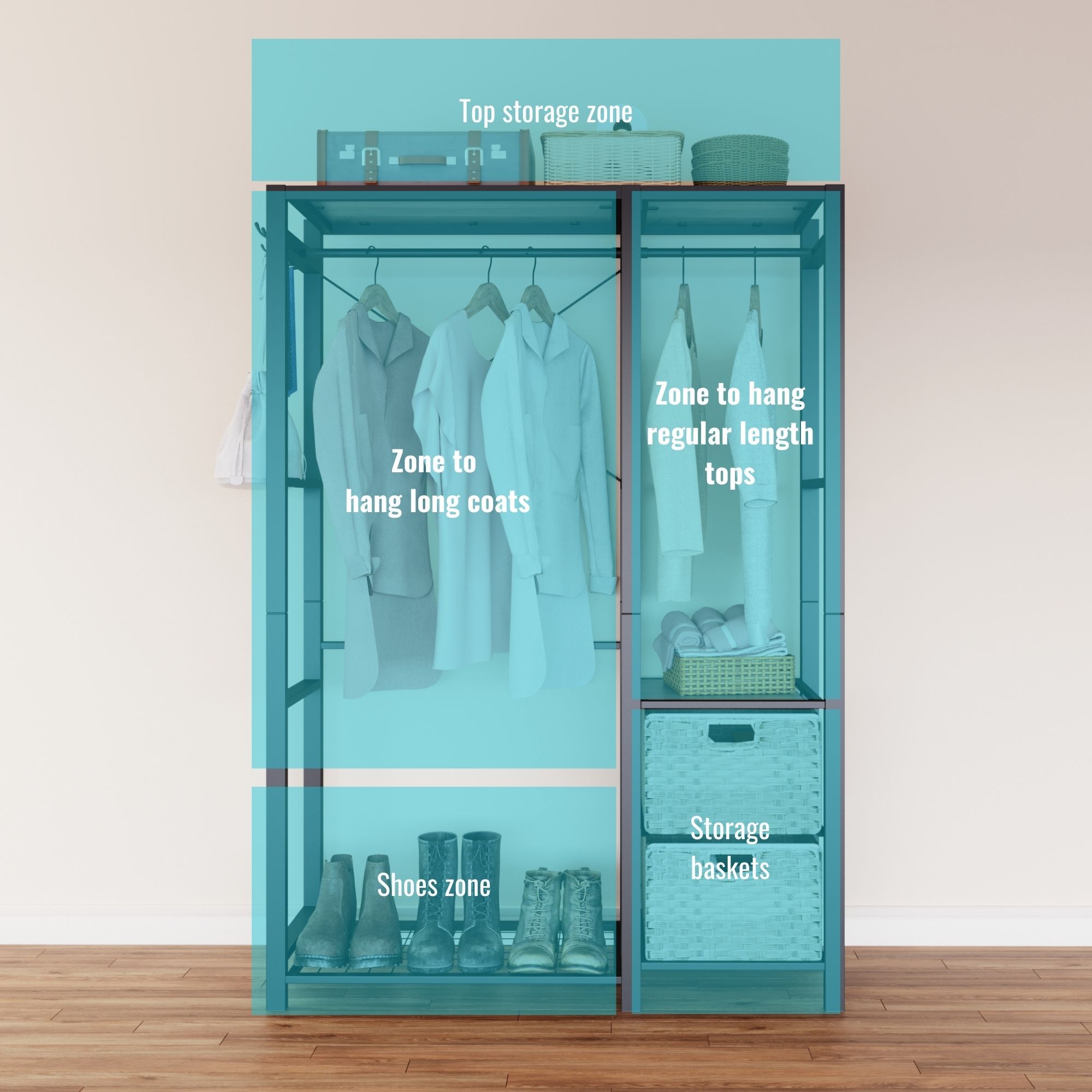 Garment Rack With Shelves, 2 Wicker Drawers, 4 Hooks, Organizer